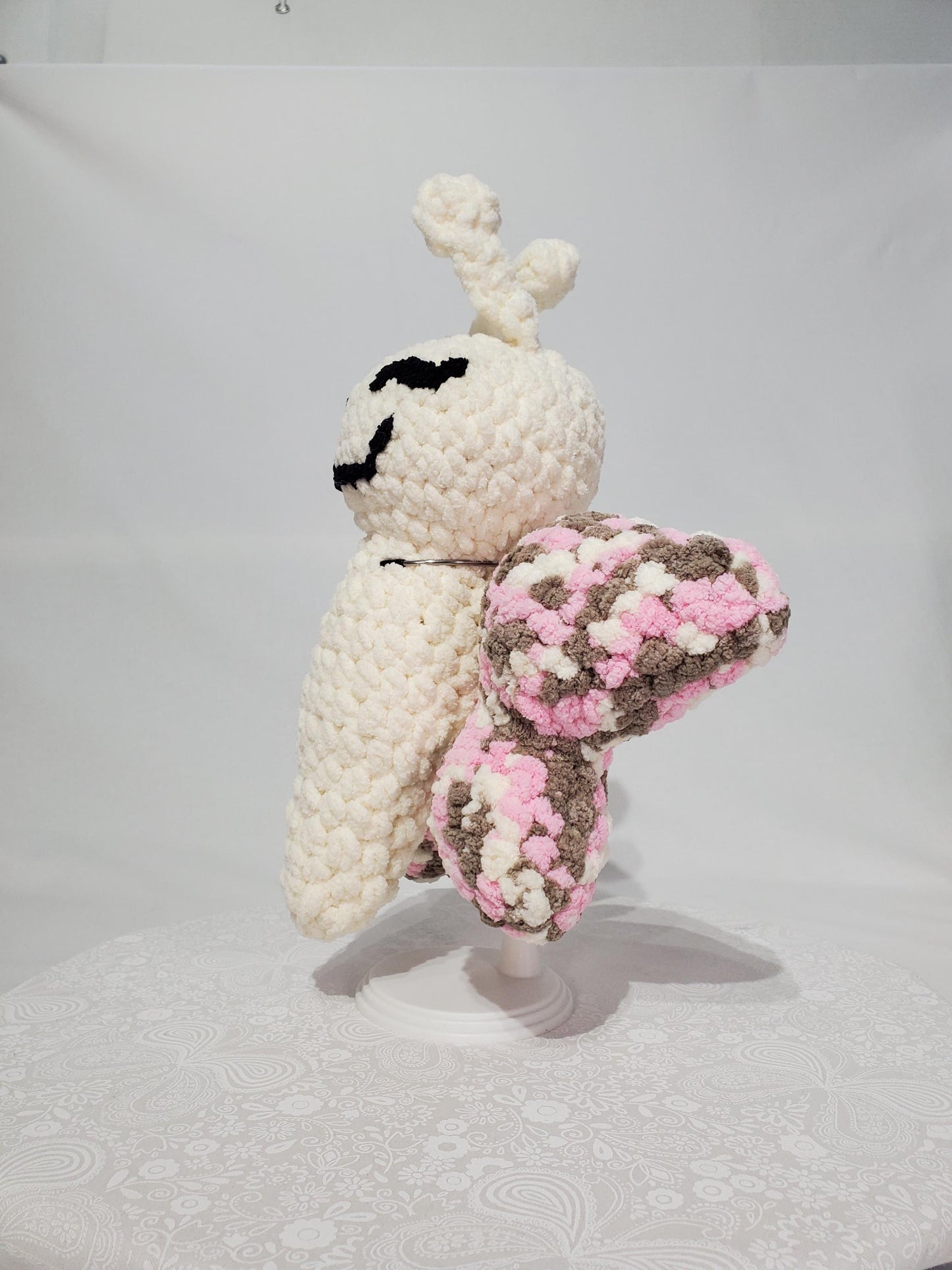 T6: Crochet Butterfly Stuffy/ Plush Toy, white and variegated pink, white and brown, made with soft blanket yarn and safety eyes