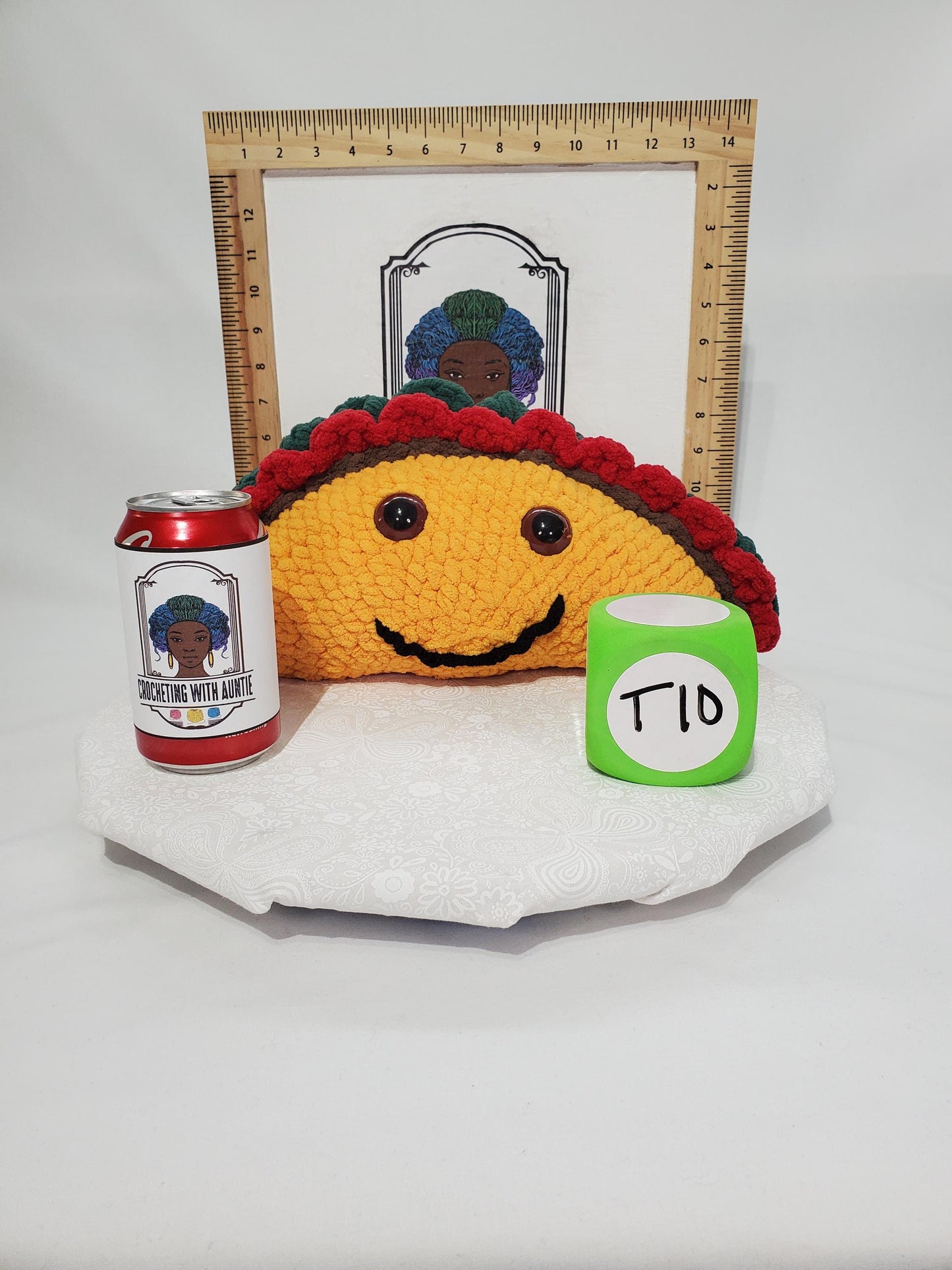 T10: Crochet Taco Stuffy / Plush Toy, made with soft blanket yarn and plastic safety eyes