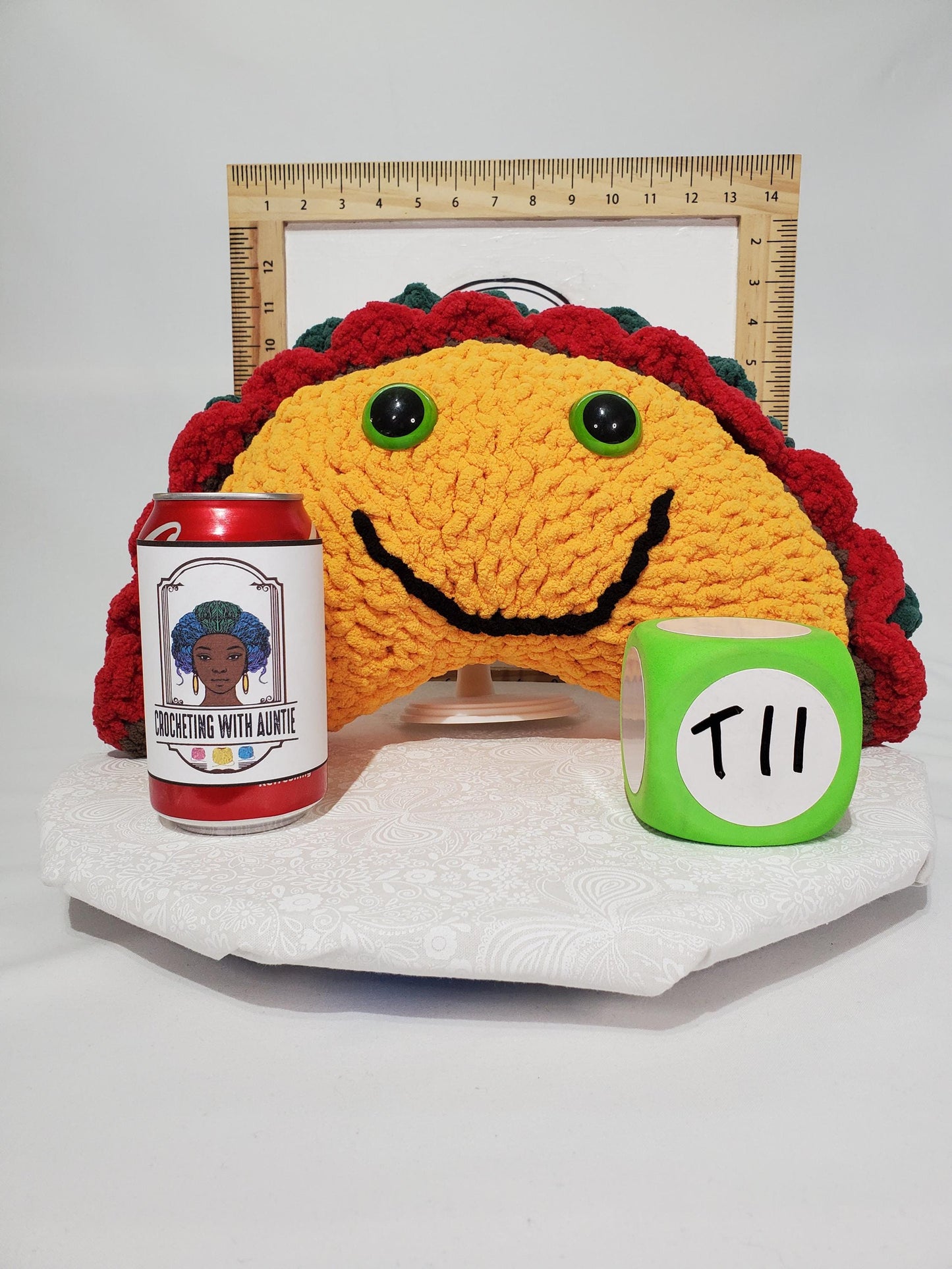 T11: Crochet Taco Stuffie / Plush Toy, made with soft blanket yarn and plastic safety eyes