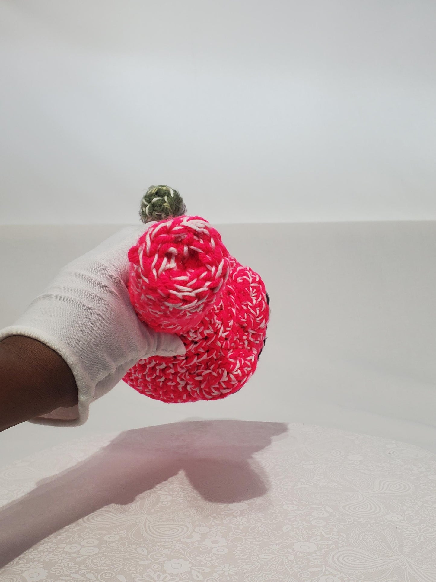 B1: Crochet Bong, Pink and White - GLOWS IN DARK, made with acrylic and cotton yarn, has safety eyes, approx. 10" x 5", 8 oz