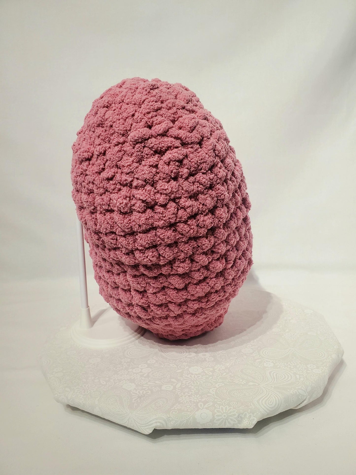 T29: Crochet Heart Pillow / Stuffy, mauve / pink, made with soft blanket yarn (100% polyester) and safety eyes, approx. 14" x 13", 1 lb
