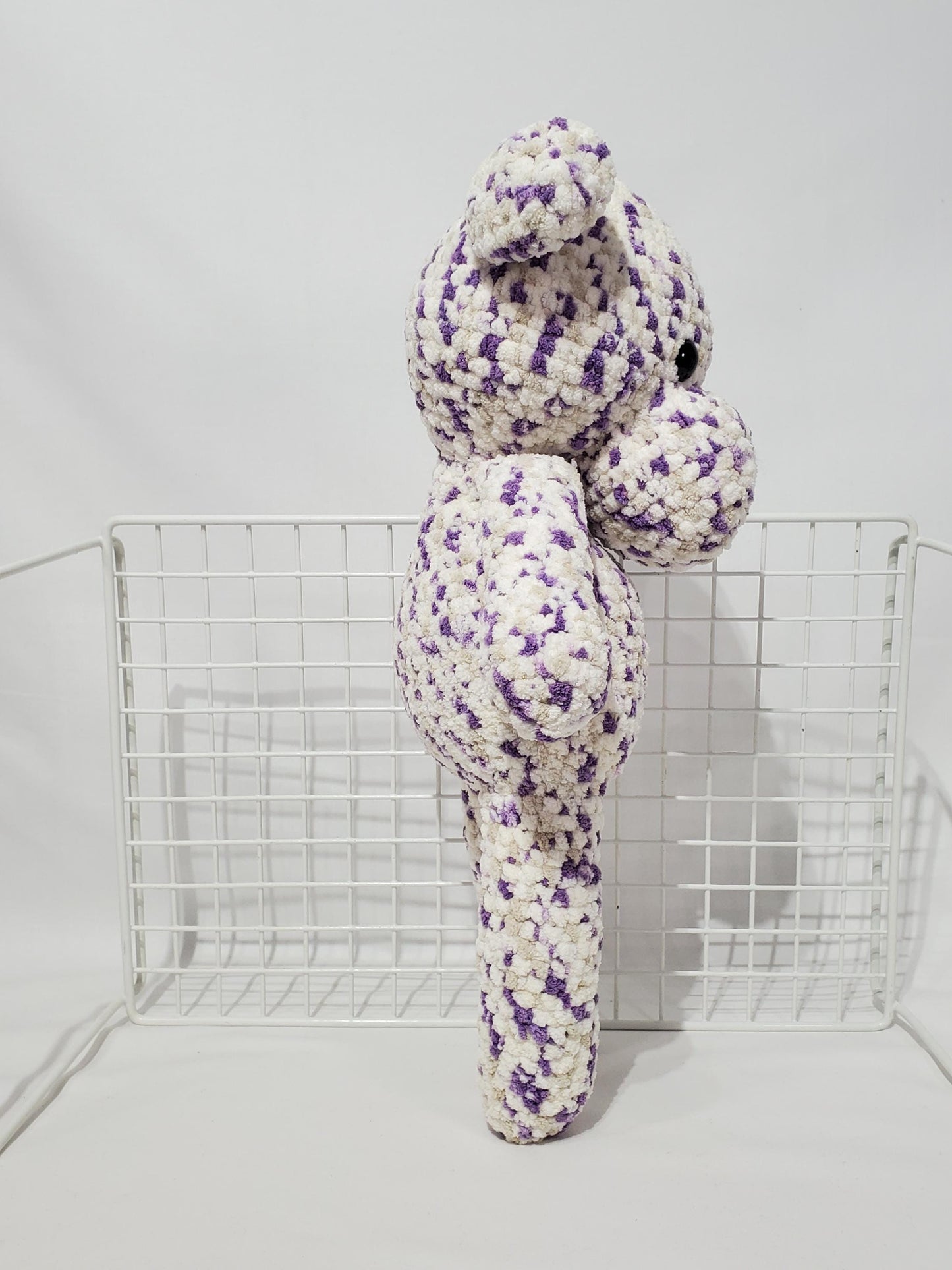 T15: Crochet Hippo, made with soft blanket yarn (100% polyester), fiber fill, and plastic safety eyes, approx. 19" x 10"