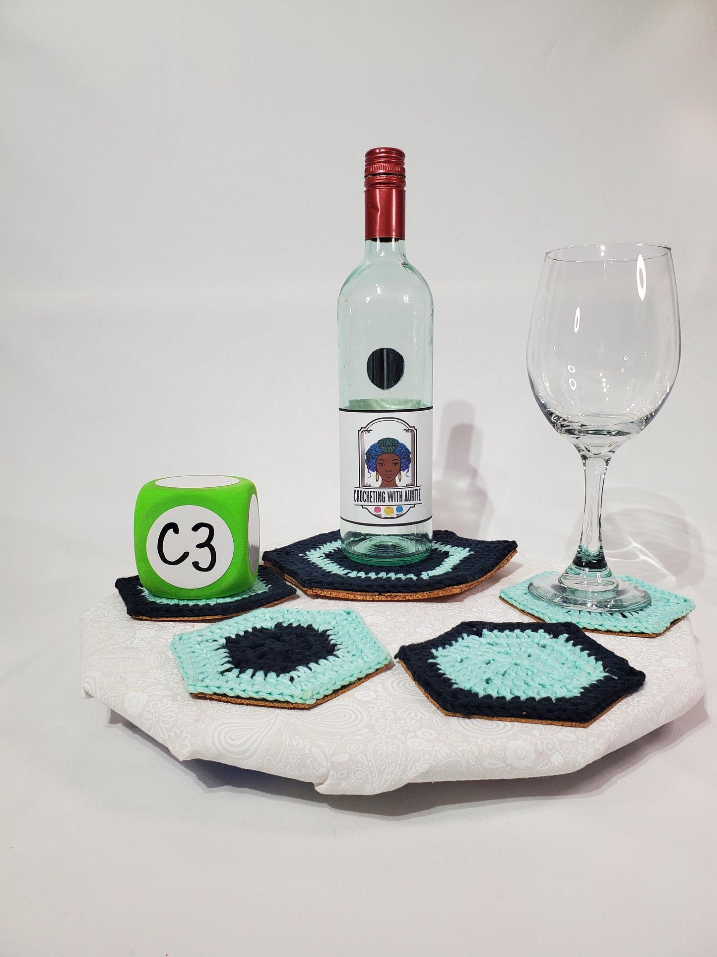 C3: Glow in the Dark Coaster set, hexagon shaped, made with cotton yarn, cork backed