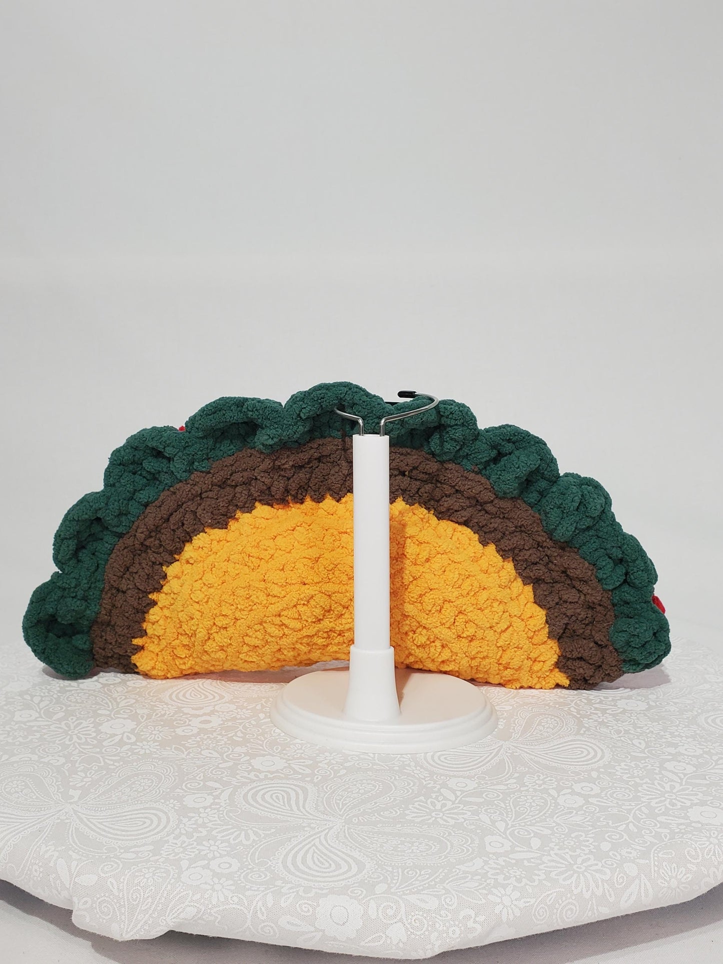 T8: Crochet Taco Stuffed / Stuffy / Plushy /Toy, made with soft blanket yarn and plastic safety eyes, approx. 11"x6"x4"