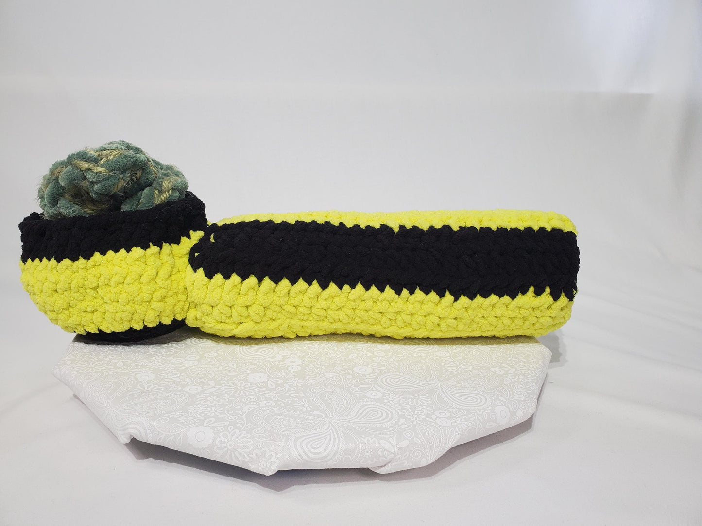 P2: Crochet Pipe, Yellow and black, made with soft 100% polyester yarn, approx. 18" long