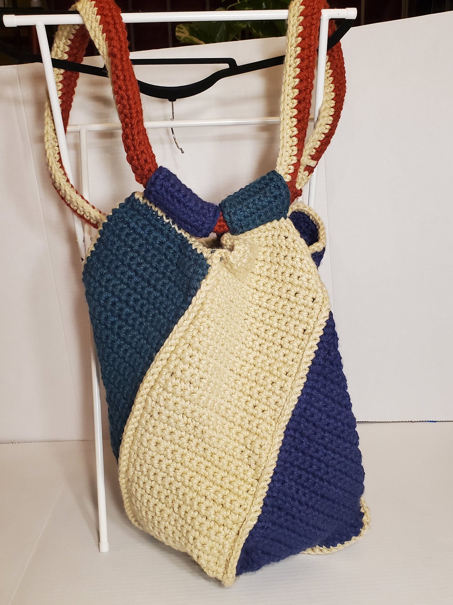 Item #73: Crochet Tote, Maroon, Tan and Blue, 18" Tall 32" Around, Made With Chunky 100% Acrylic Yarn