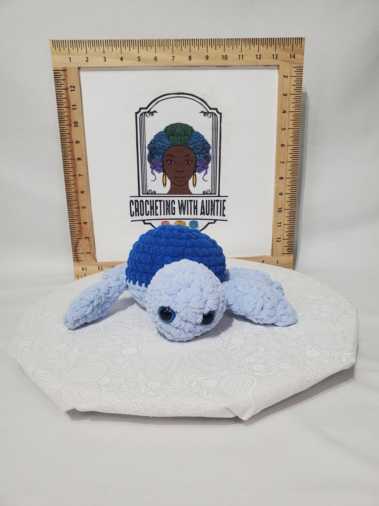 T21: Crochet Turtle Plushy / Stuffy, blue, made with soft blanket yarn (100% Polyester) and safety eyes, approx. 8" x 5" x 9"