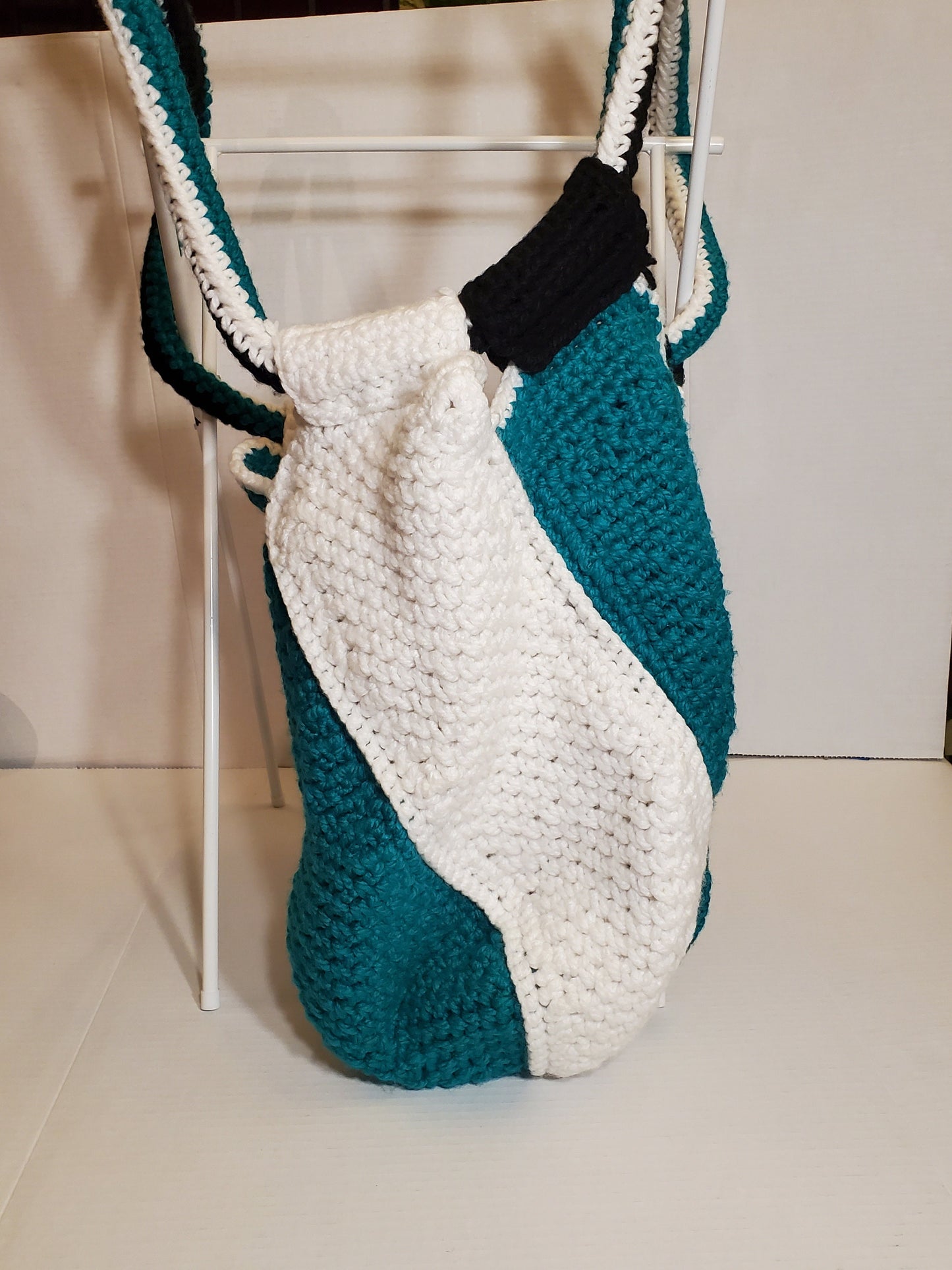 Item #75: Crochet Tote, Teal, Black And White, 16" Tall 28" Around, Made With 100% Chunky Acrylic Yarn