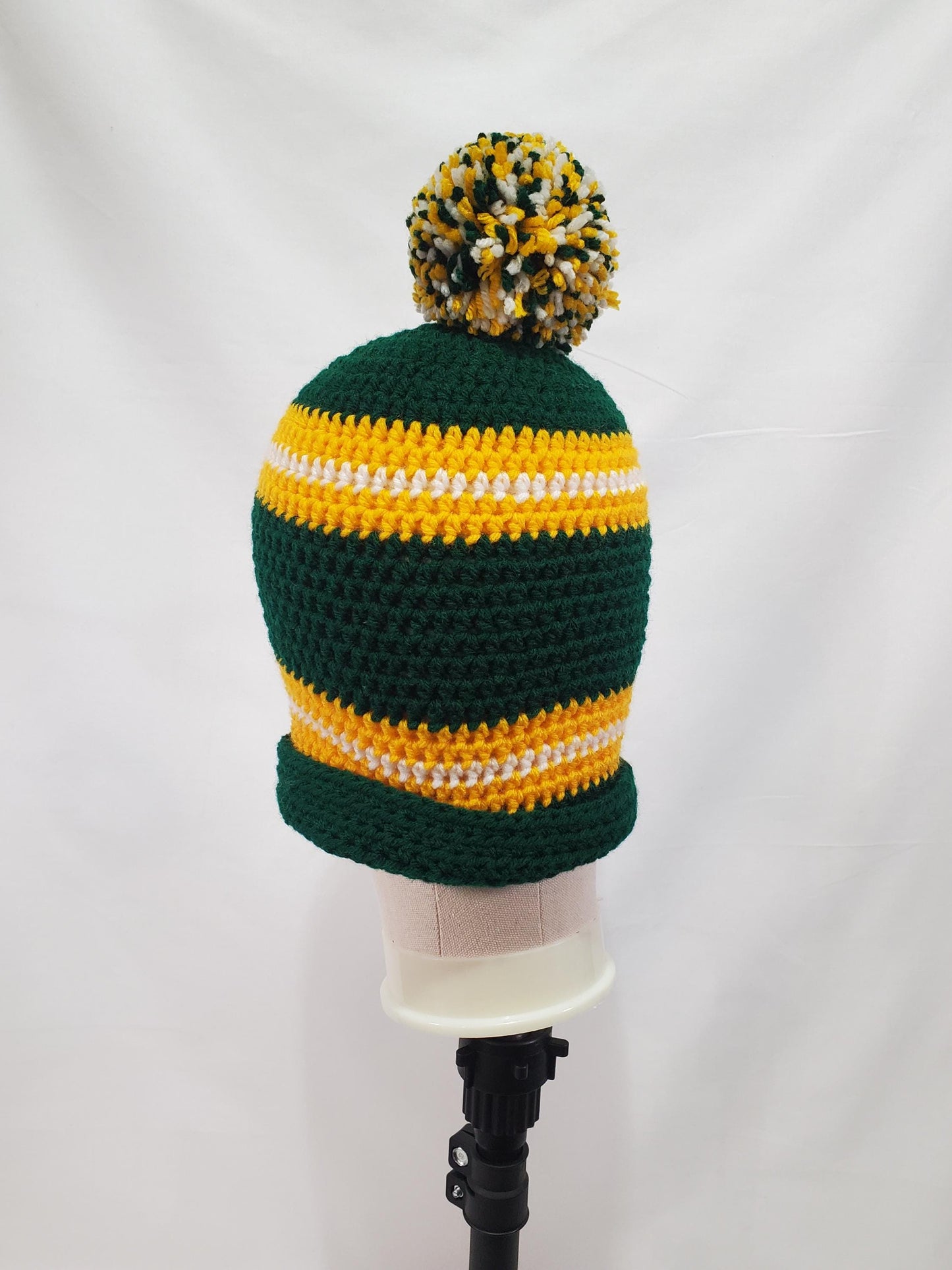 Item #29: Green Bay Packers Inspired Crochet Beanie With A Pom, Adult Size Medium, Made From 100% Of Acrylic yarn