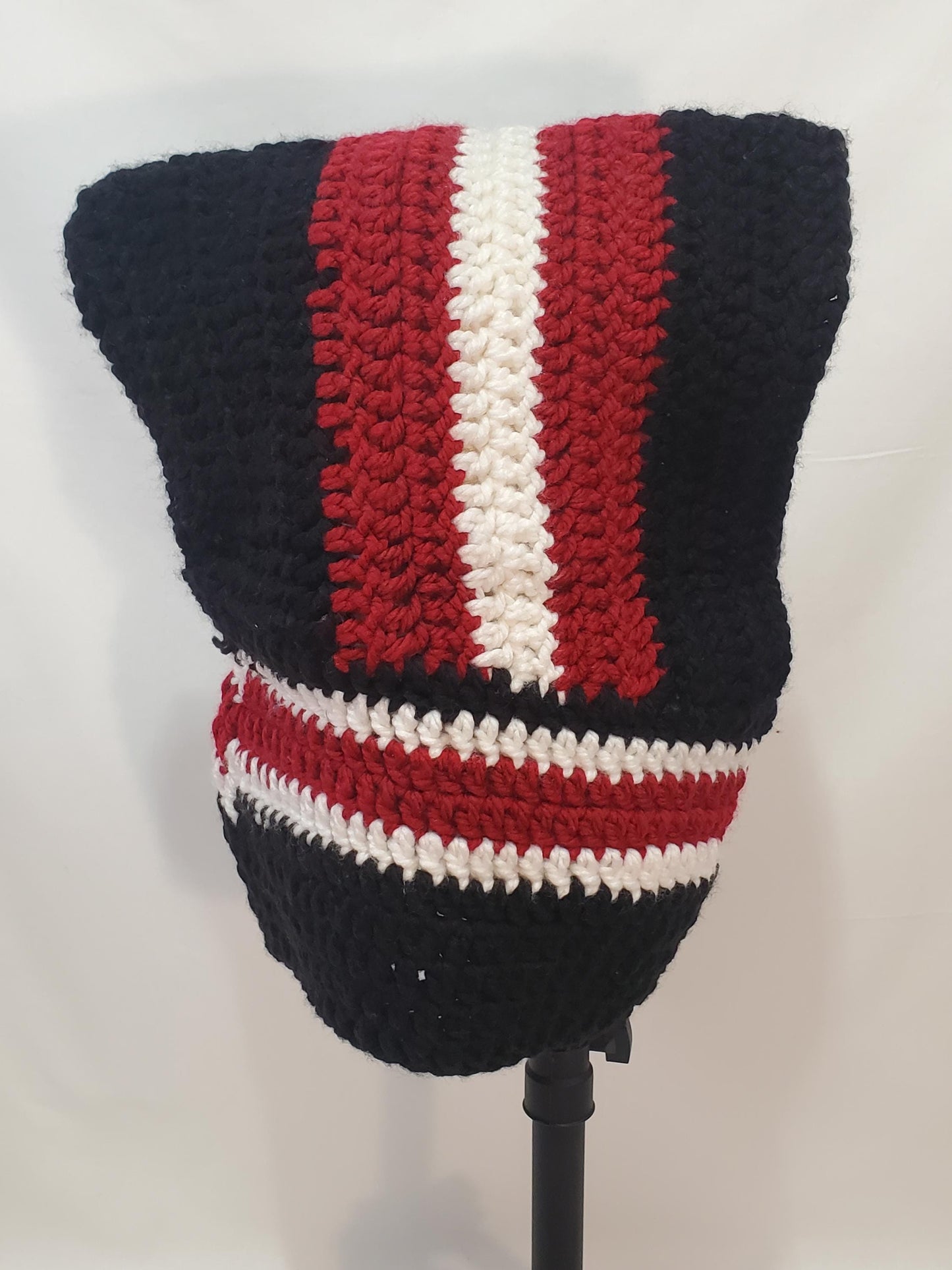Item #58: Crochet Hood, Black, White And Maroon, Children's Size, Made With 100% Acrylic Chunky Yarn