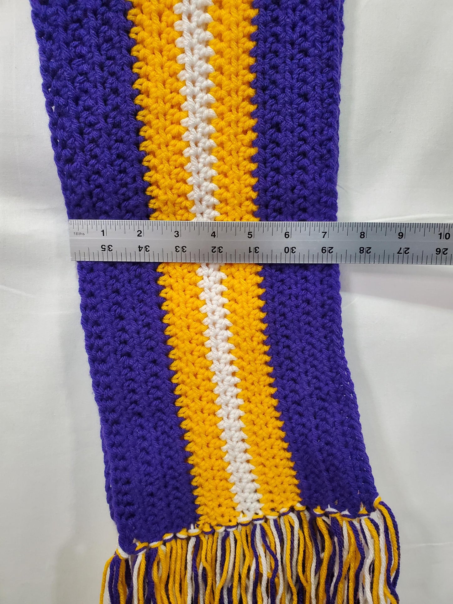 Item #77: Minnesota Vikings Inspired Crochet Scarf, 3' Long, 7" Wide, Made With 100% Acrylic Yarn