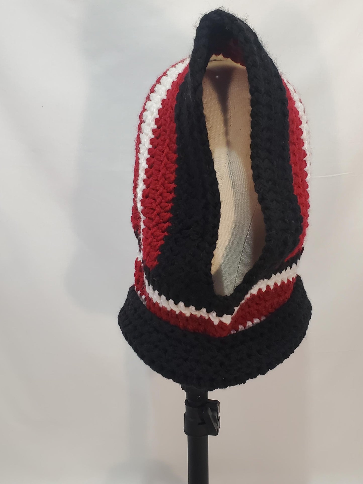 Item #58: Crochet Hood, Black, White And Maroon, Children's Size, Made With 100% Acrylic Chunky Yarn