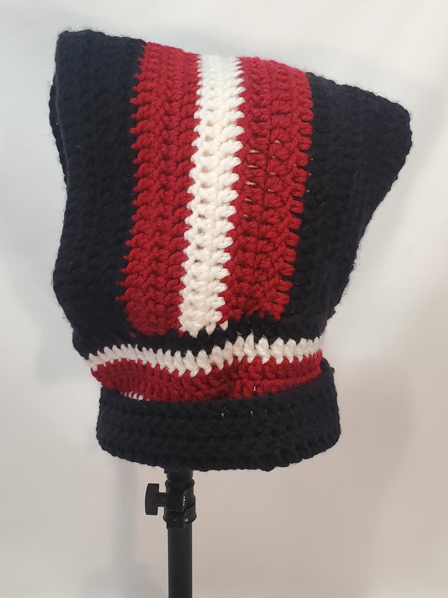 Item #58: Crochet Hood, Black, White And Maroon, Children's Size, Made With 100% Acrylic Chunky Yarn