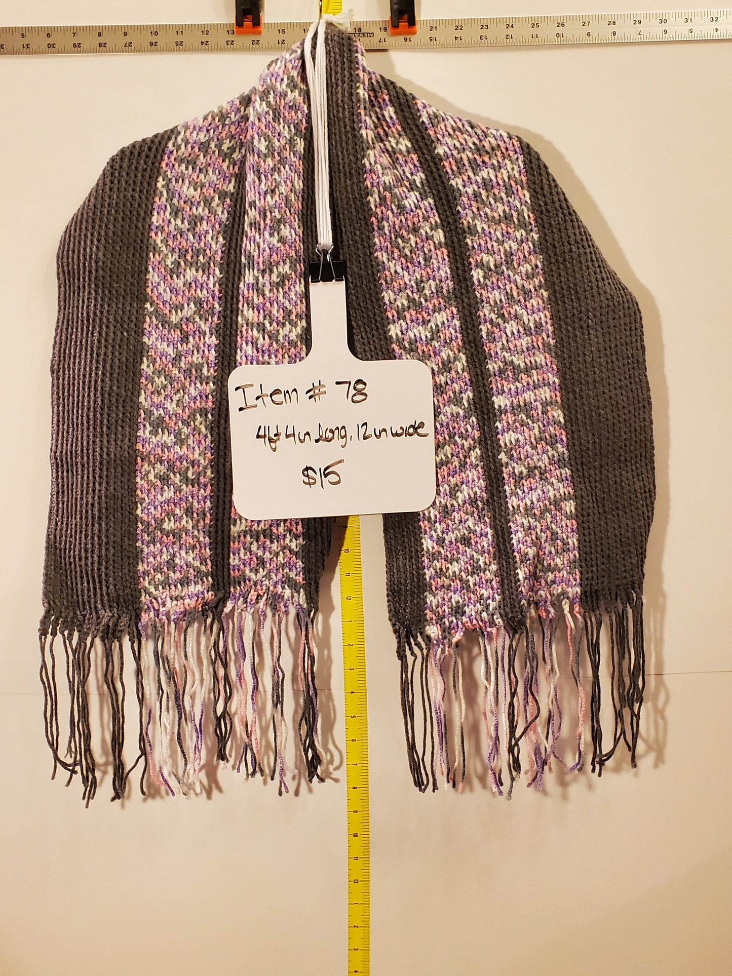 Item #78: Crochet Scarf, Gray And Pink, 4' 4" Long, 12" Wide, Made With 100% Acrylic Yarn