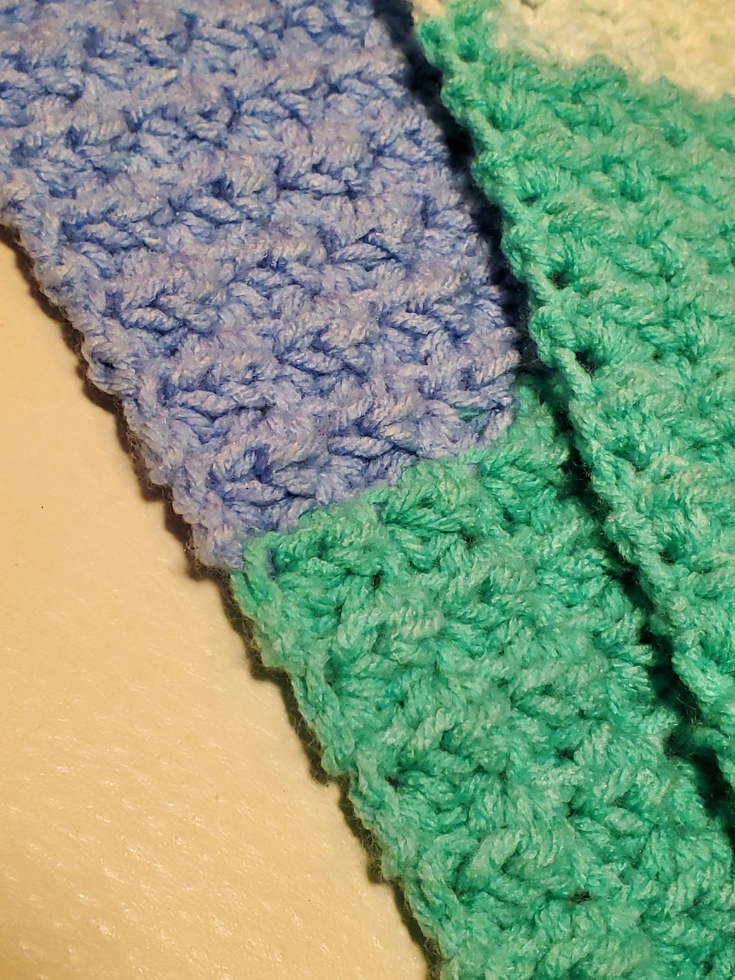 Item #103: Crochet Hat And Scarf Set, Blue, White And Green, Size Children's (4y To 10y), 3' 2" Long, 5" Wide, Made With 100% Acrylic Yarn