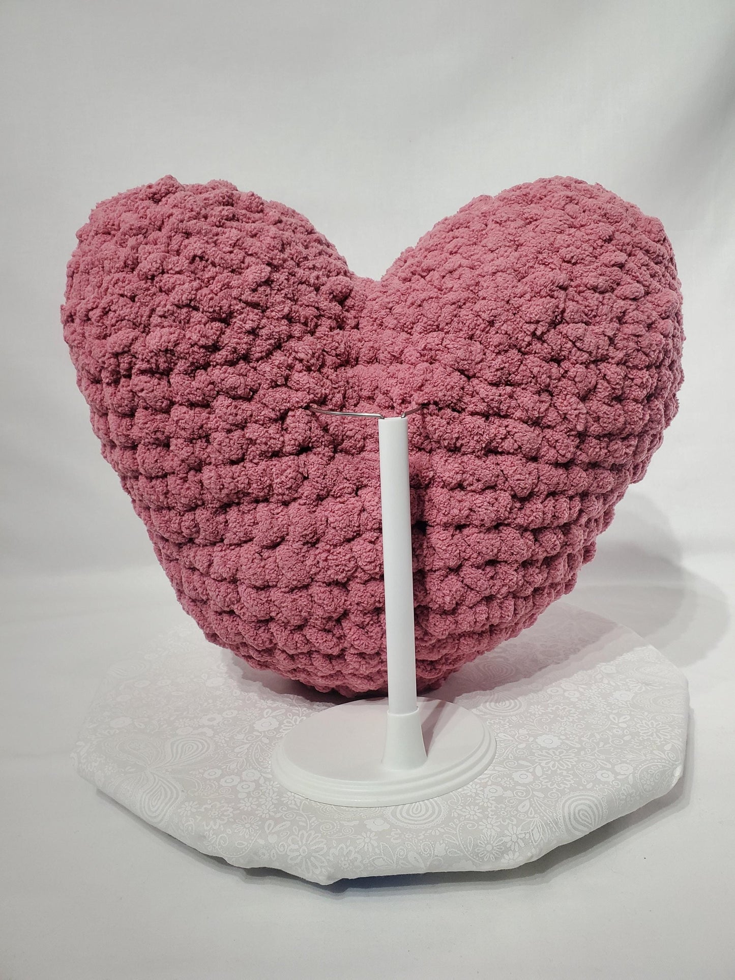 T29: Crochet Heart Pillow / Stuffy, mauve / pink, made with soft blanket yarn (100% polyester) and safety eyes, approx. 14" x 13", 1 lb