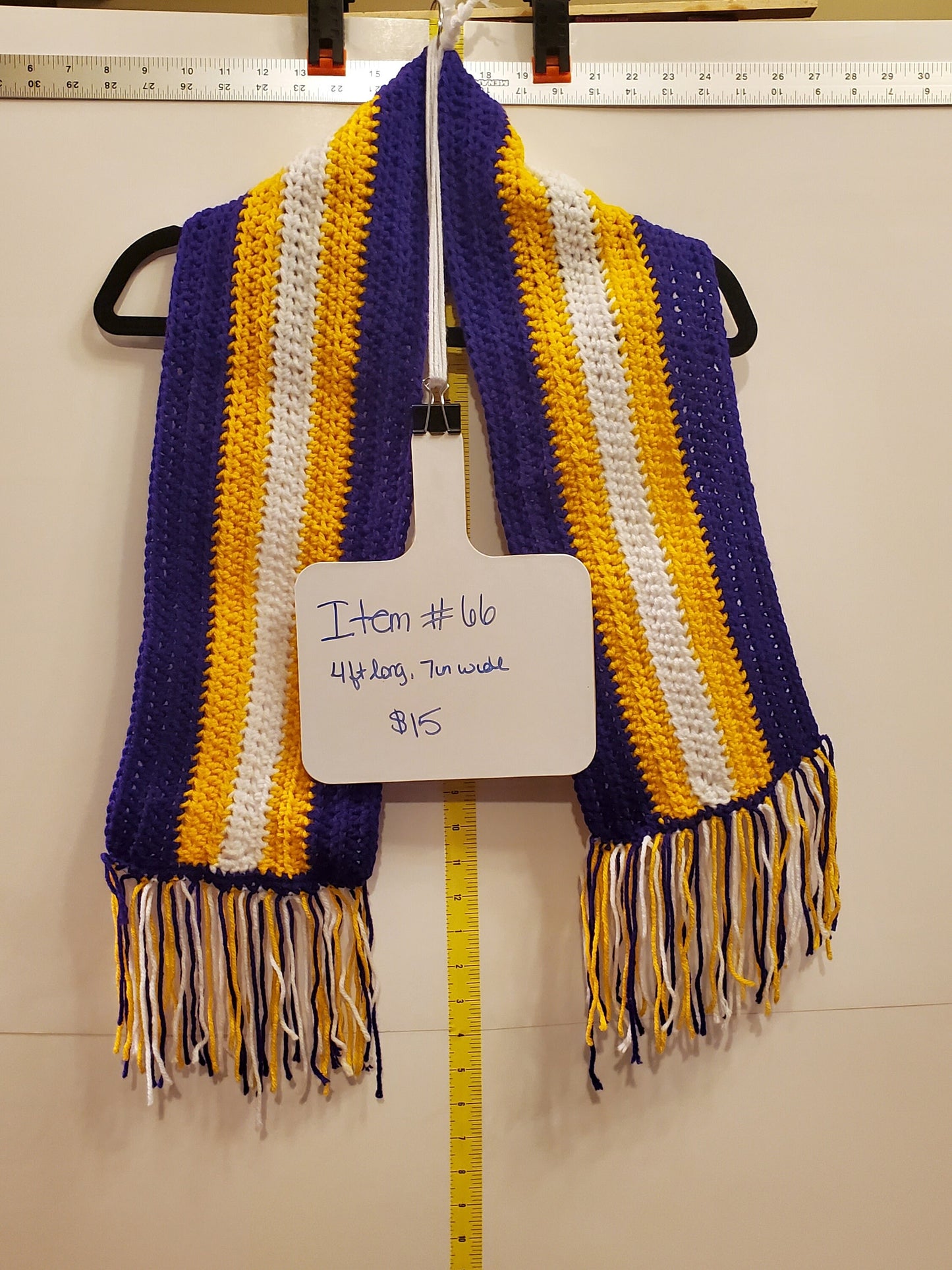 Item #66: Minnesota Vikings Inspired Crochet Scarf, 4' Long 7" Wide Made With 100% Acrylic Yarn