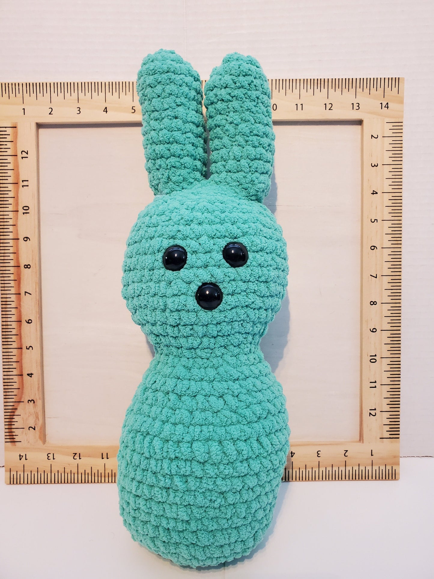 Crochet Bunny Stuffy / Plush Toy, teal, made with soft blanket yarn (100% polyester) and safety eyes, approximately 14 in tall