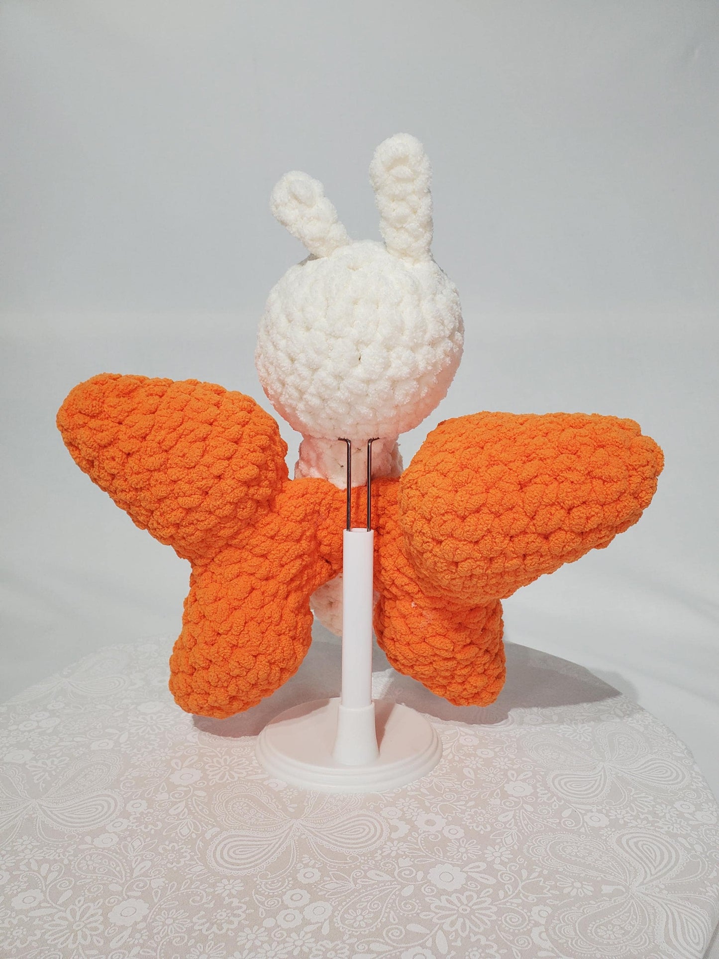 T5: Crochet Butterfly Stuffy / Plush Toy, white and orange, made with soft blanket yarn (100% polyester) and safety eyes