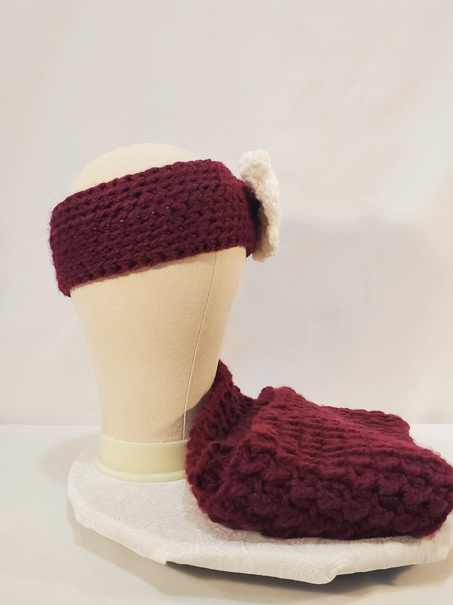Item #87: Crochet Ear Warmer And Scarf Set, Maroon, Size Teen/Adult Small, 4' Long 6" Wide, Make With Chunky 100% Acrylic Yarn