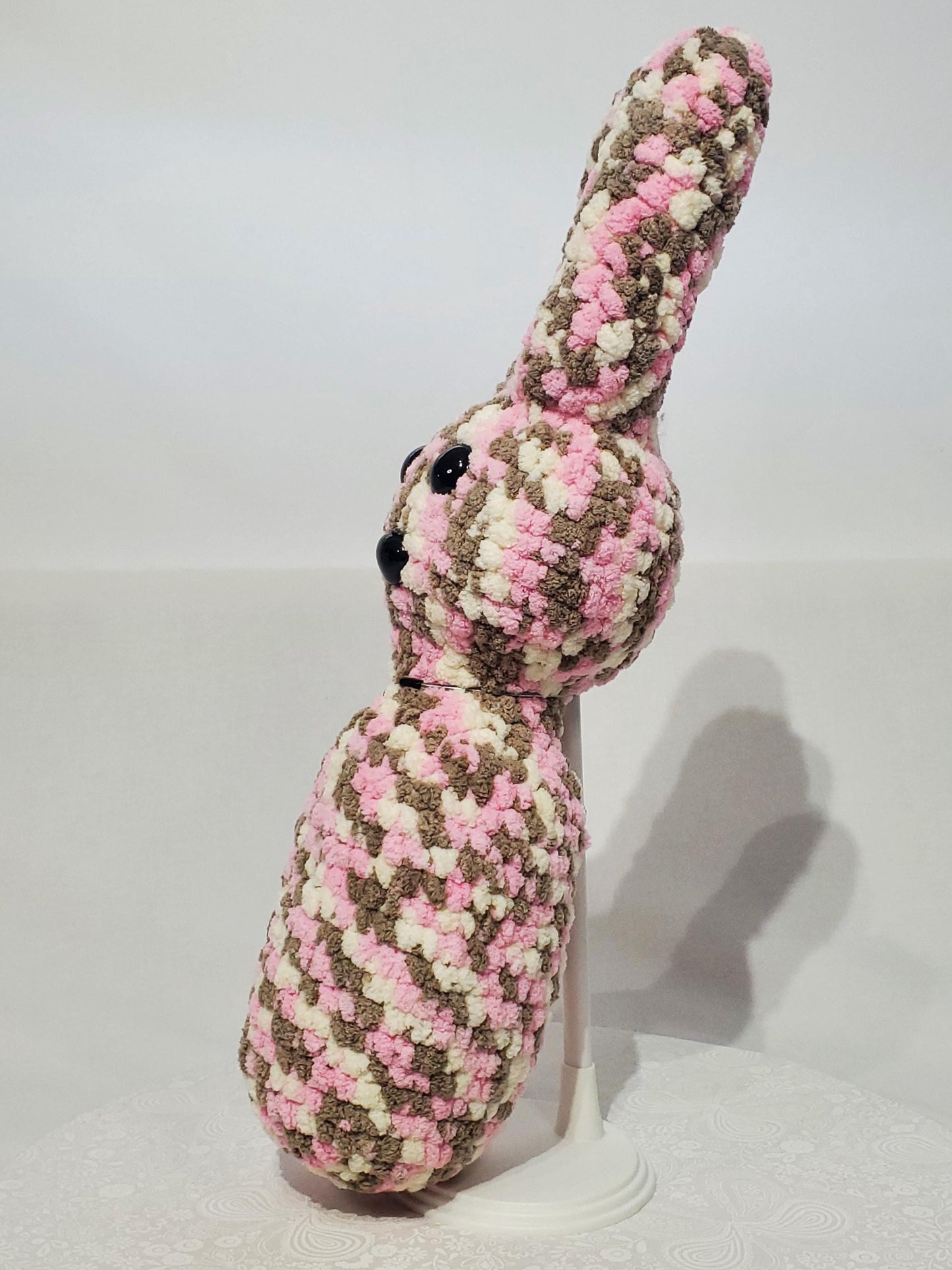 Crochet Bunny Stuffie / Plush Toy, pink - white - grey, approximately 14 in tall