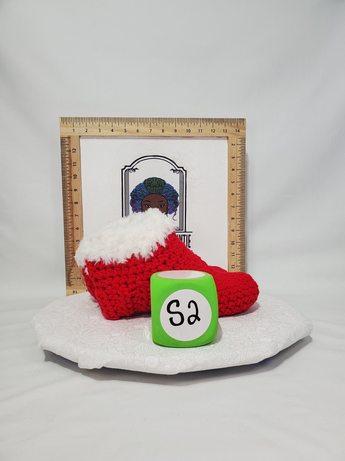 Item S2: Red slippers with white fur, made with 100% acrylic chunky yarn, Women's size 5/6