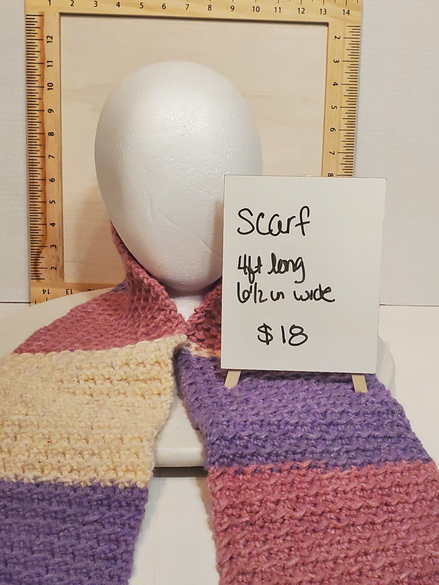 Crochet scarf, multi color, 4' long, 6 1/2 in wide, made with soft 100% acrylic yarn