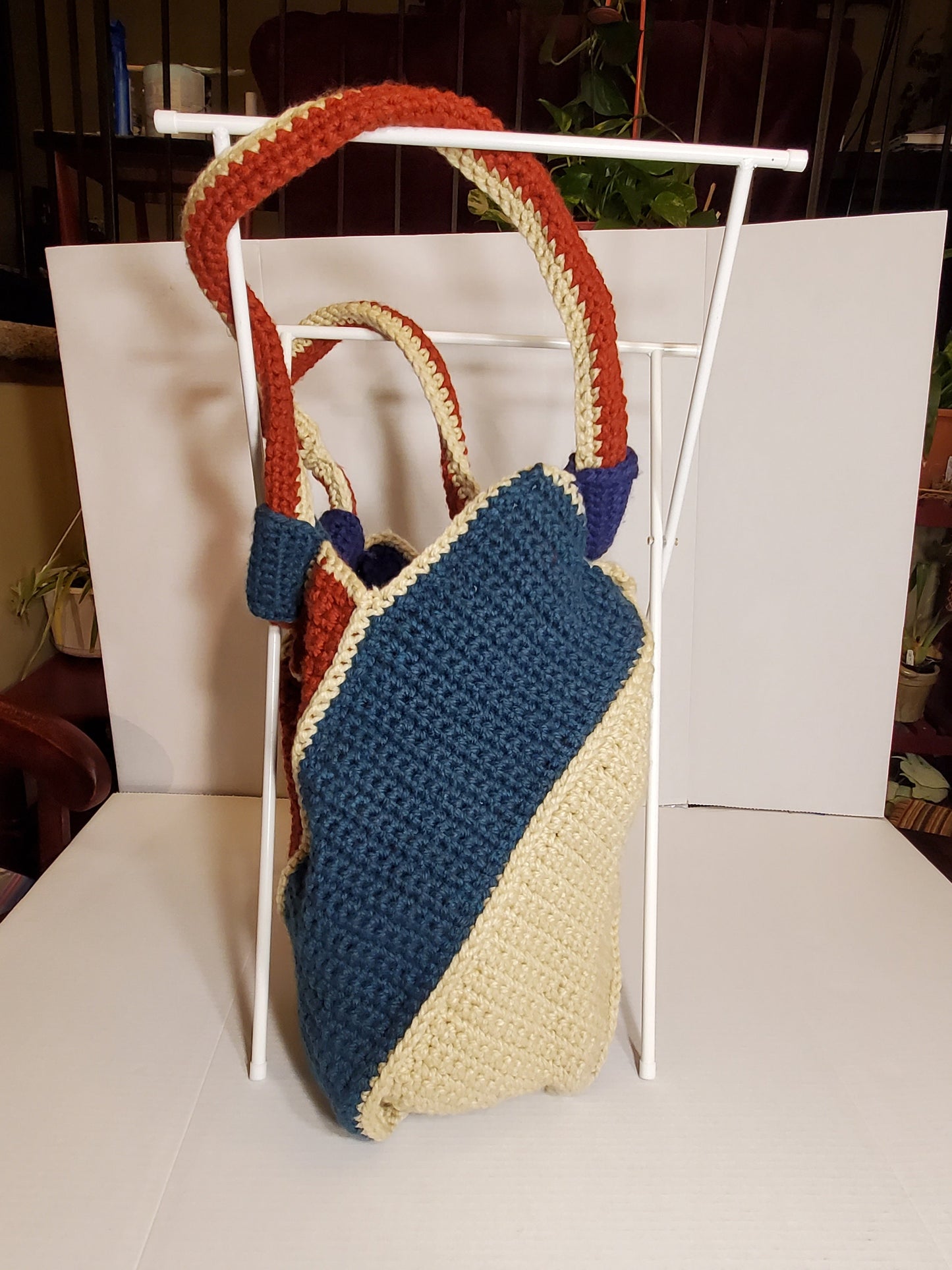 Item #73: Crochet Tote, Maroon, Tan and Blue, 18" Tall 32" Around, Made With Chunky 100% Acrylic Yarn