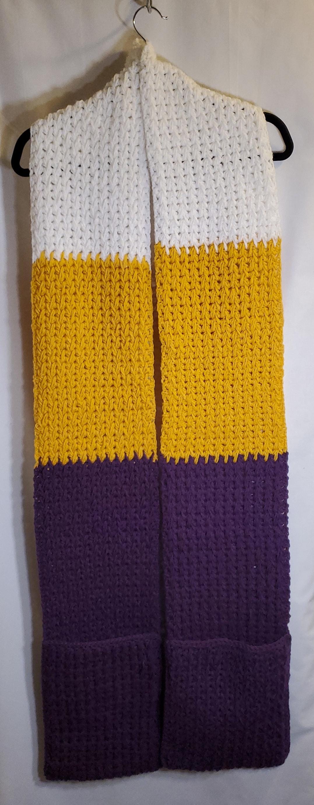 V7: MN Vikings Inspired Scarf with Pockets, 8 ft long, 8 in wide, pockets 11 in deep