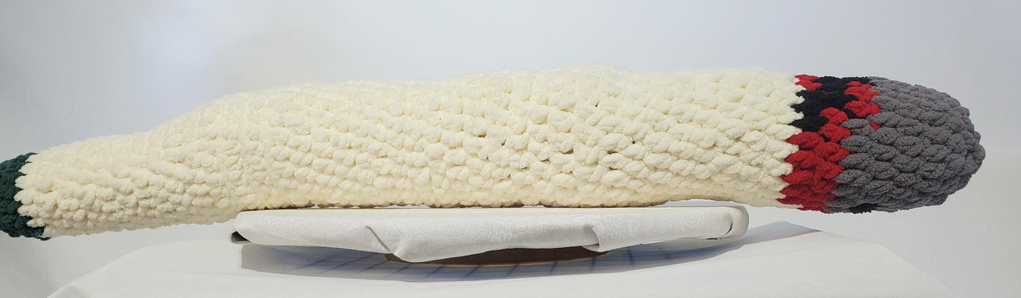 J10 - Crochet Joint / Doobie, White 100% polyester soft blanket yarn, has safety eyes, approx. 30"x 4", 14 oz