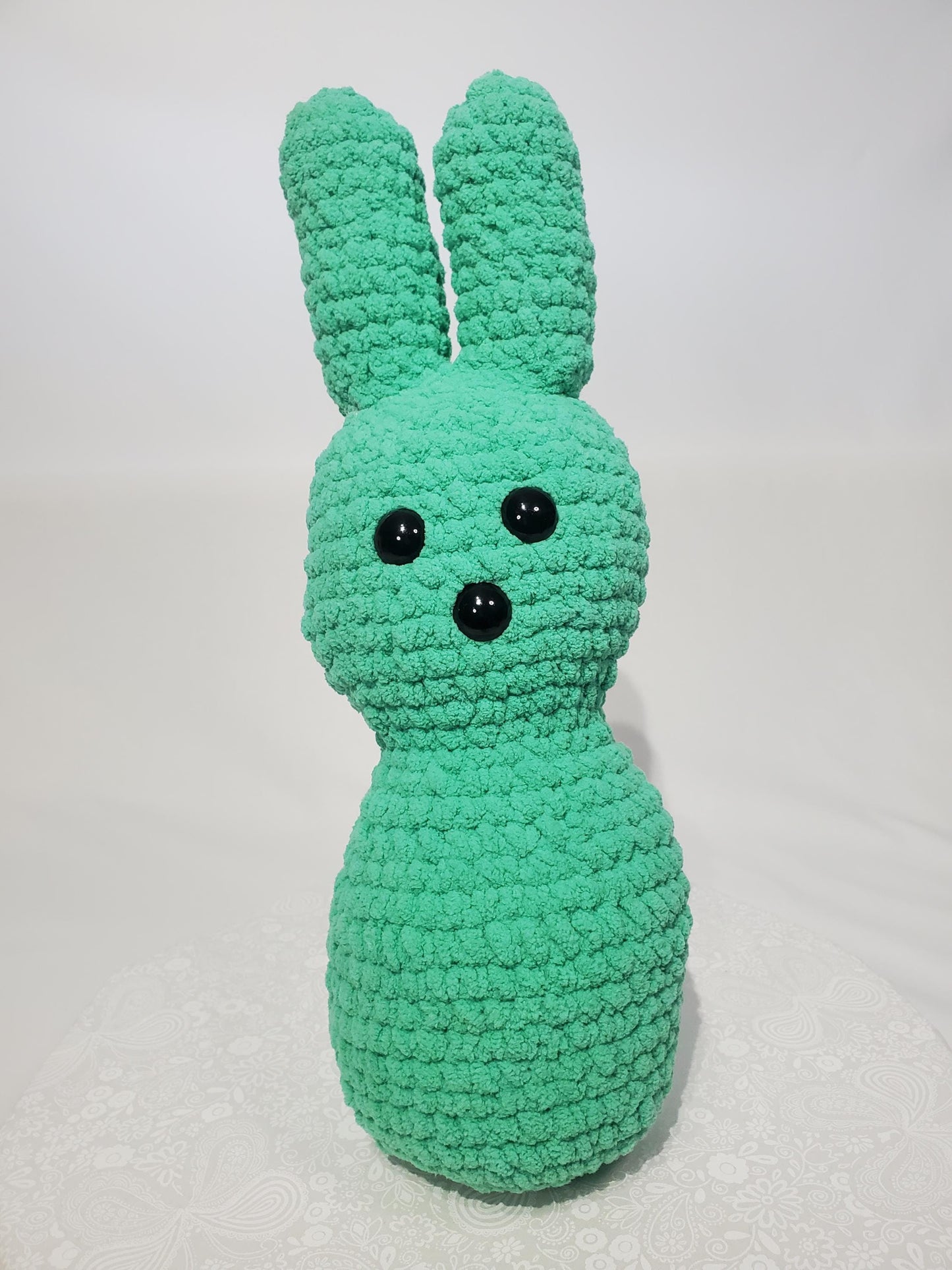 Crochet Bunny Stuffy / Plush Toy, teal, made with soft blanket yarn (100% polyester) and safety eyes, approximately 14 in tall