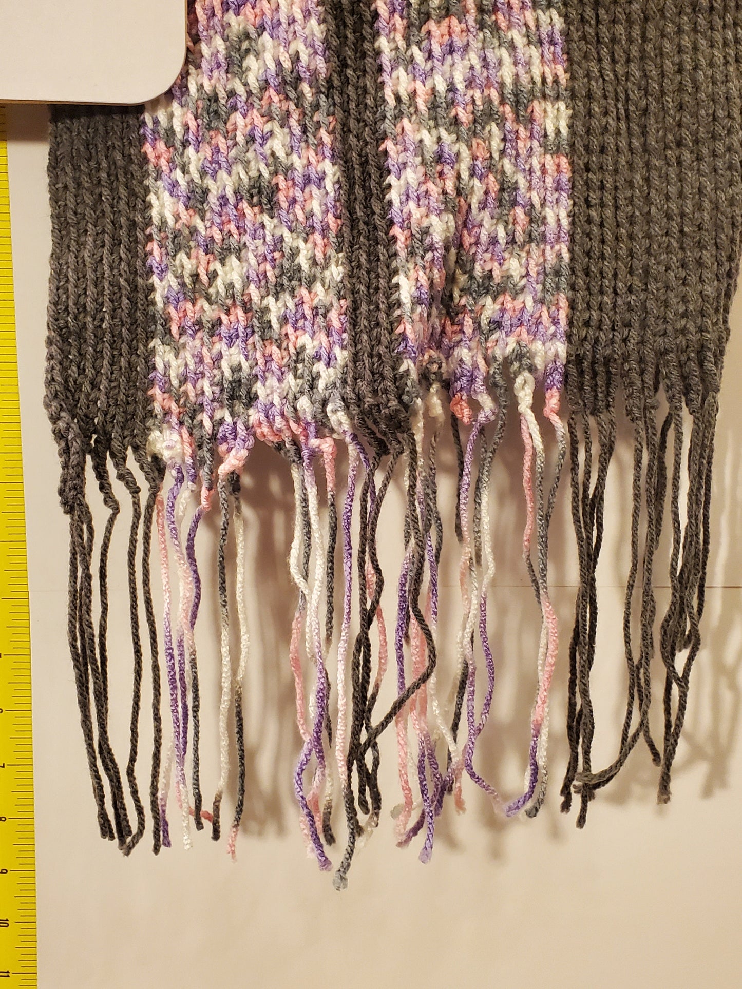 Item #78: Crochet Scarf, Gray And Pink, 4' 4" Long, 12" Wide, Made With 100% Acrylic Yarn