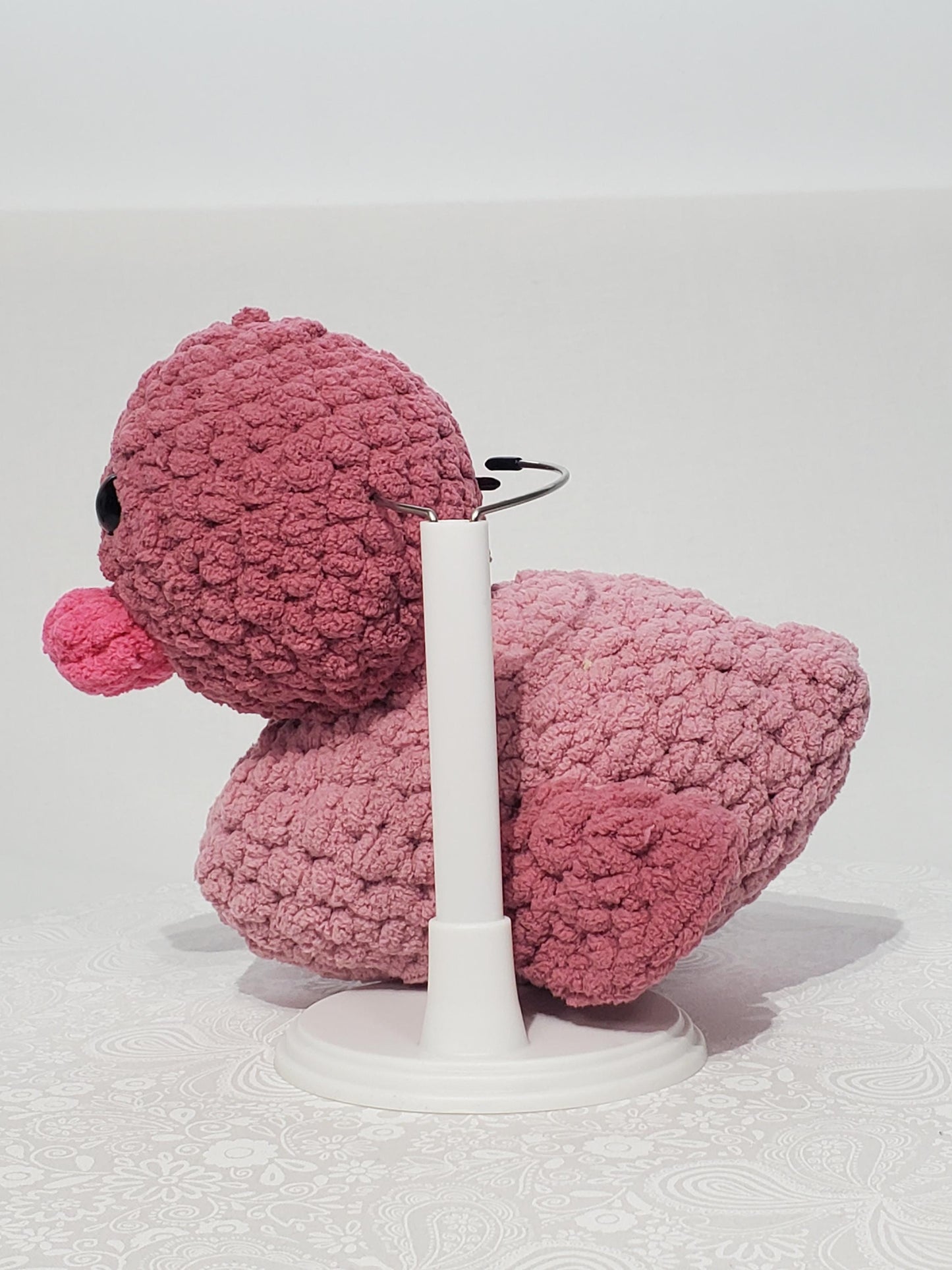 D7: Crochet stuffed animal duck, shades of pink, made with soft blanket yarn (100% polyester) and safety eyes