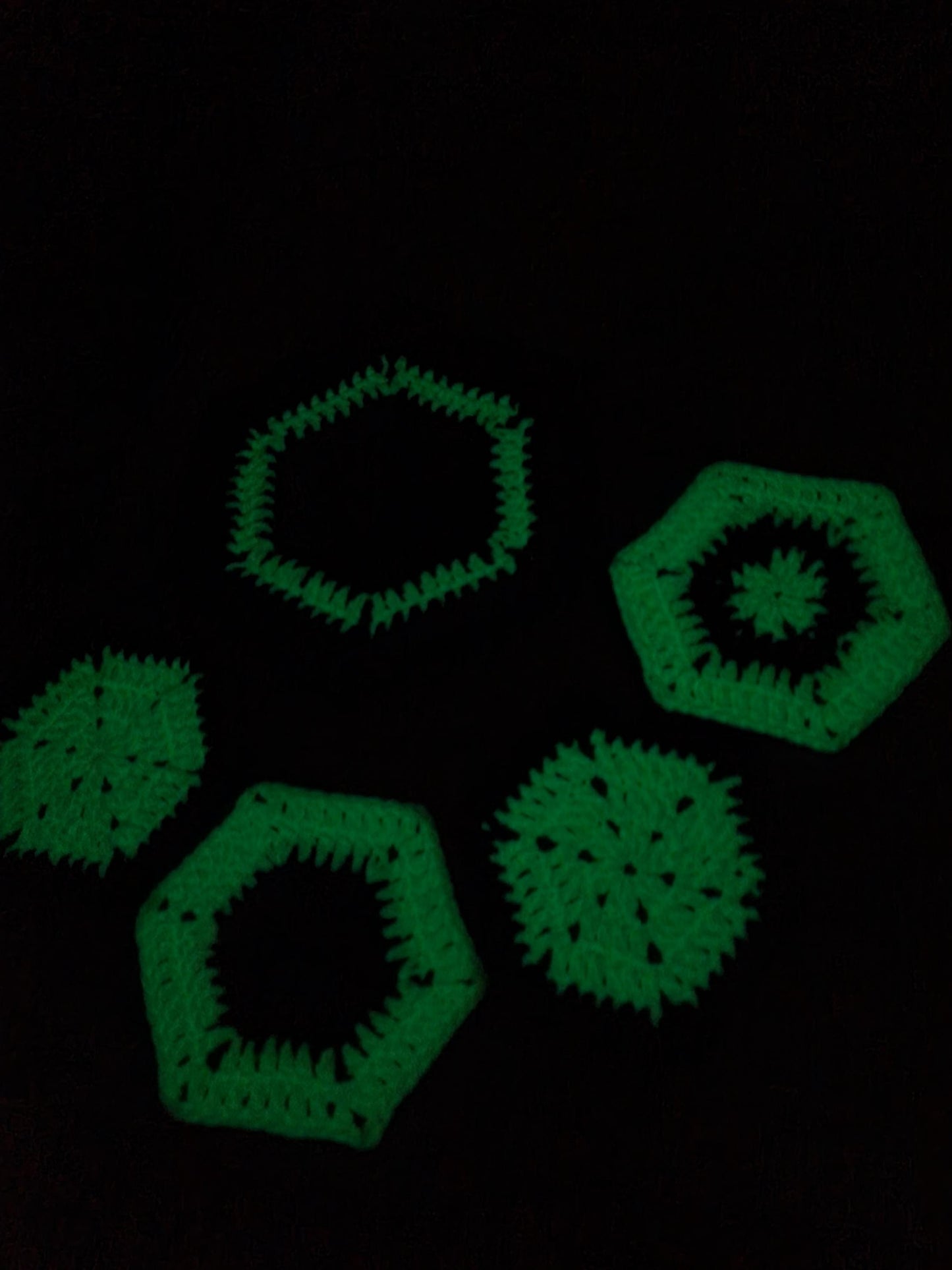 C3: Glow in the Dark Coaster set, hexagon shaped, made with cotton yarn, cork backed