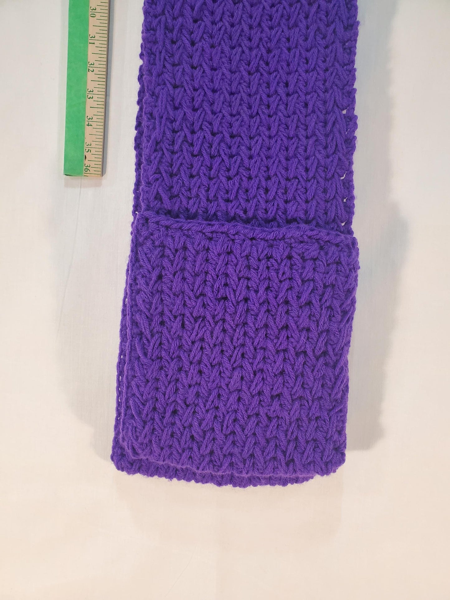 V5: MN Vikings Inspired Scarf with Pockets, 8' long, 7" wide, pockets 9" deep, thick and warm, made with 100% acrylic yarn.