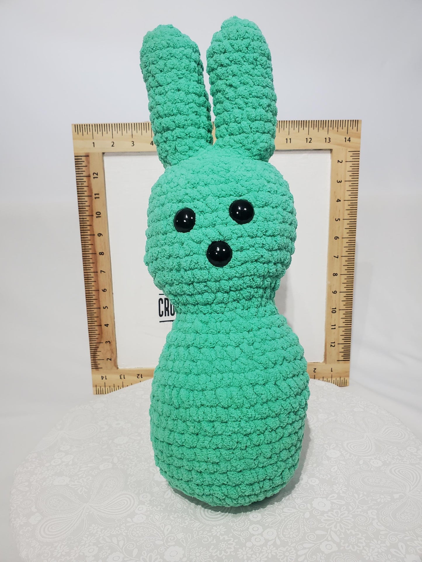 Crochet Bunny Stuffy / Plush Toy, teal, made with soft blanket yarn (100% polyester) and safety eyes, approximately 14 in tall