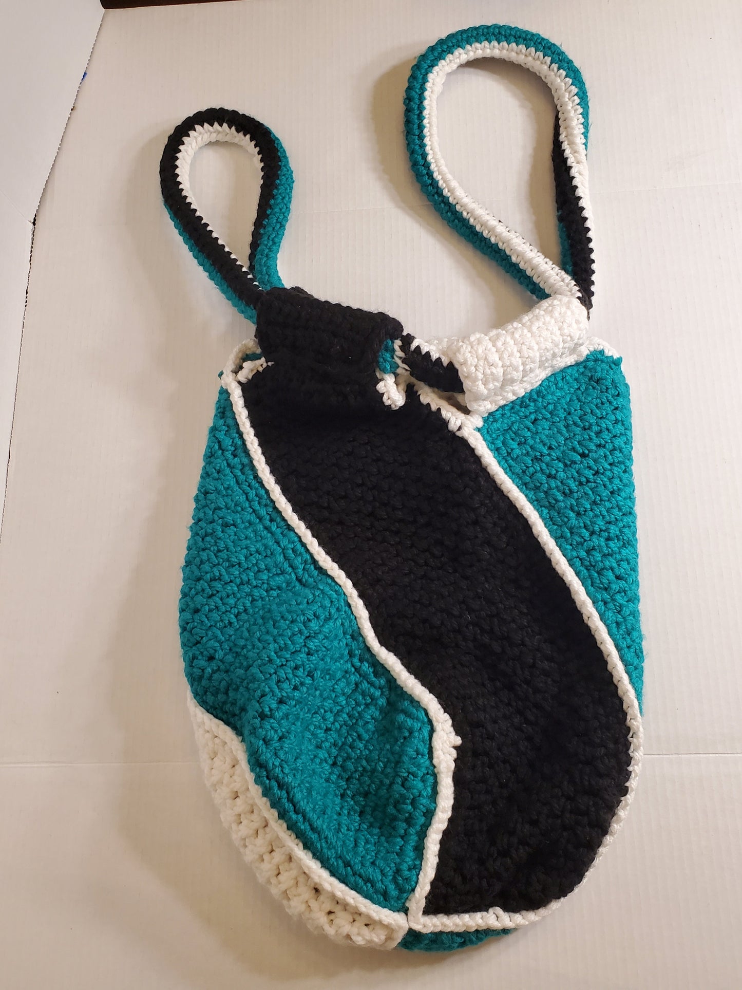Item #75: Crochet Tote, Teal, Black And White, 16" Tall 28" Around, Made With 100% Chunky Acrylic Yarn