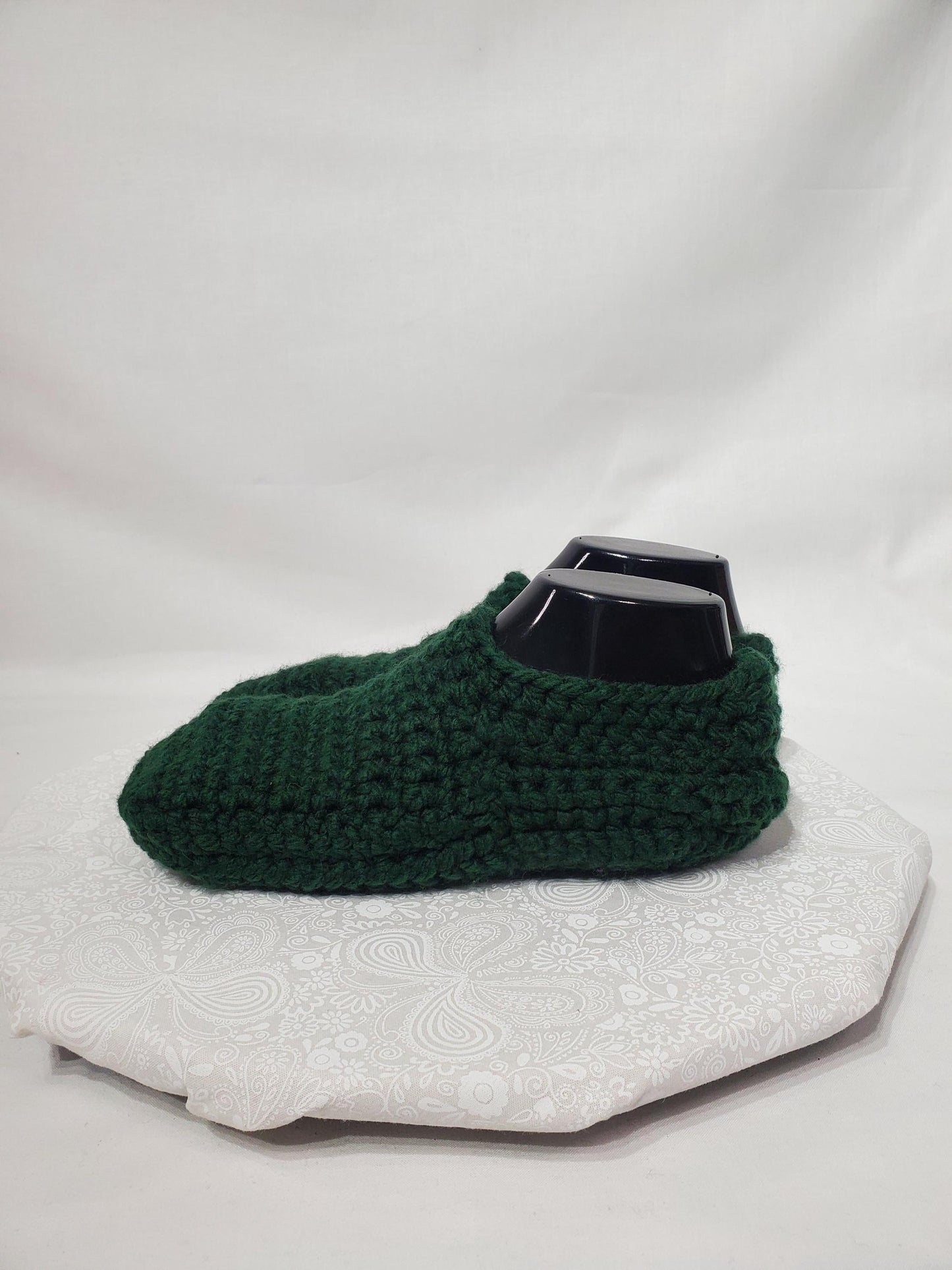 Crochet Slippers, Dark Green, Women's Size 7/8, Men's Size 5/6