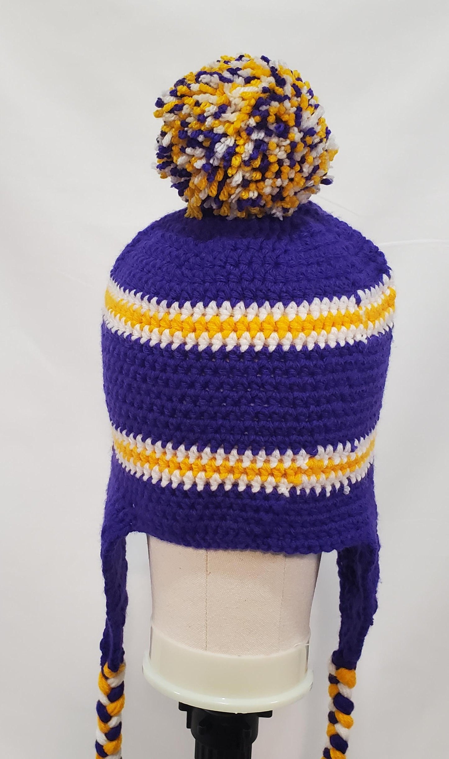 Item #26: MN Vikings Inspired Crochet Ear Flap Hat, Size - Adult Medium, Made From 100% Acrylic Yarn