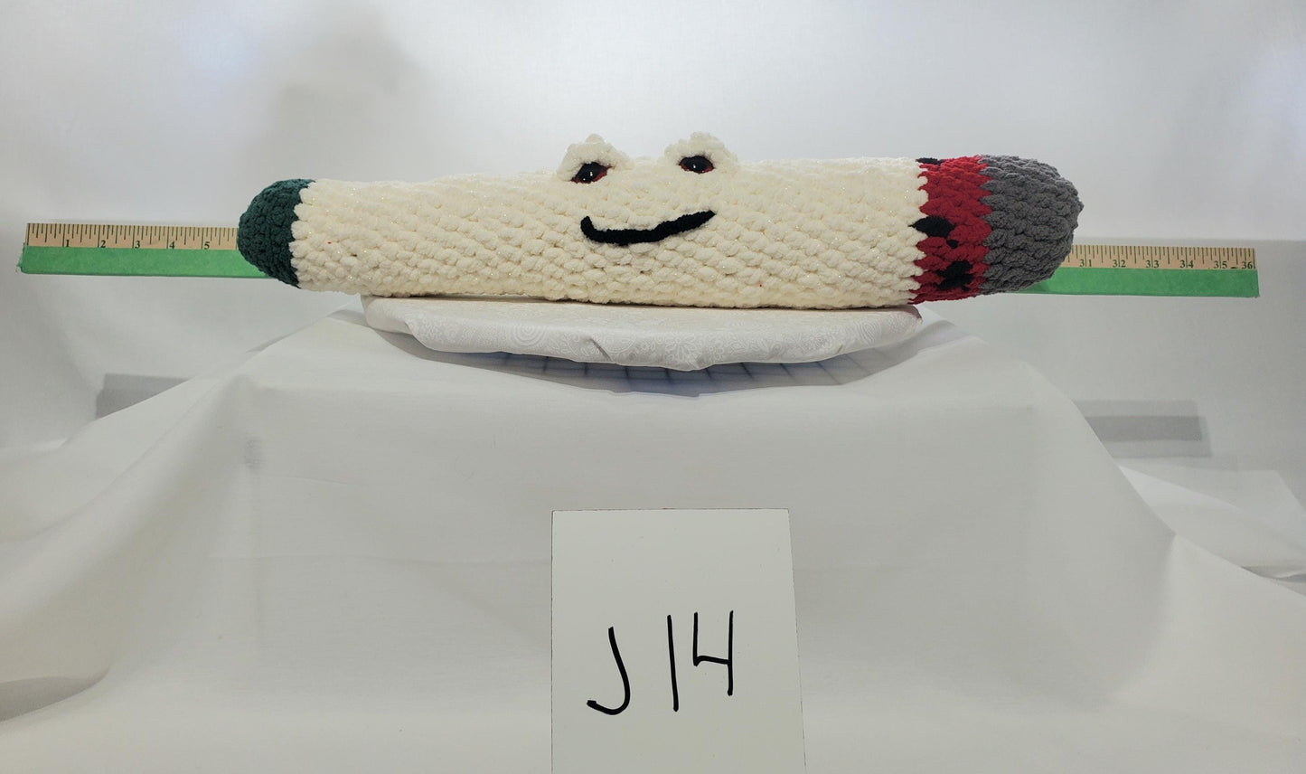 J14: Crochet Joint / Doobie, White 100% polyester soft blanket yarn, has safety eyes, approx. 21"x 4", 13 oz
