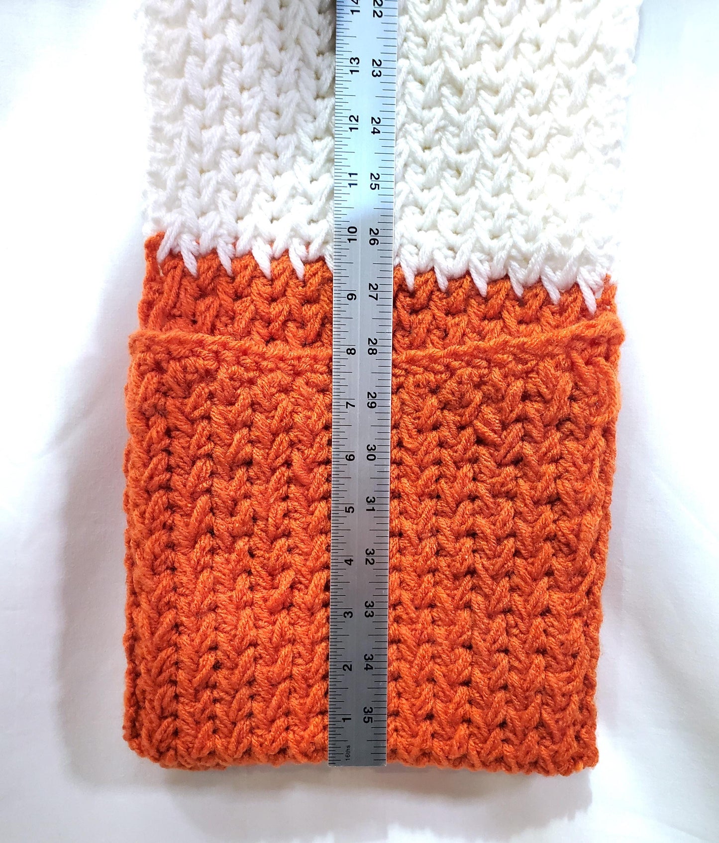 CB1: Chicago Bears Inspired Scarf with Pockets, 6 1/2 ft long, 8 in wide, pockets 8 in deep, warm and thick, made with 100% acrylic yarn.