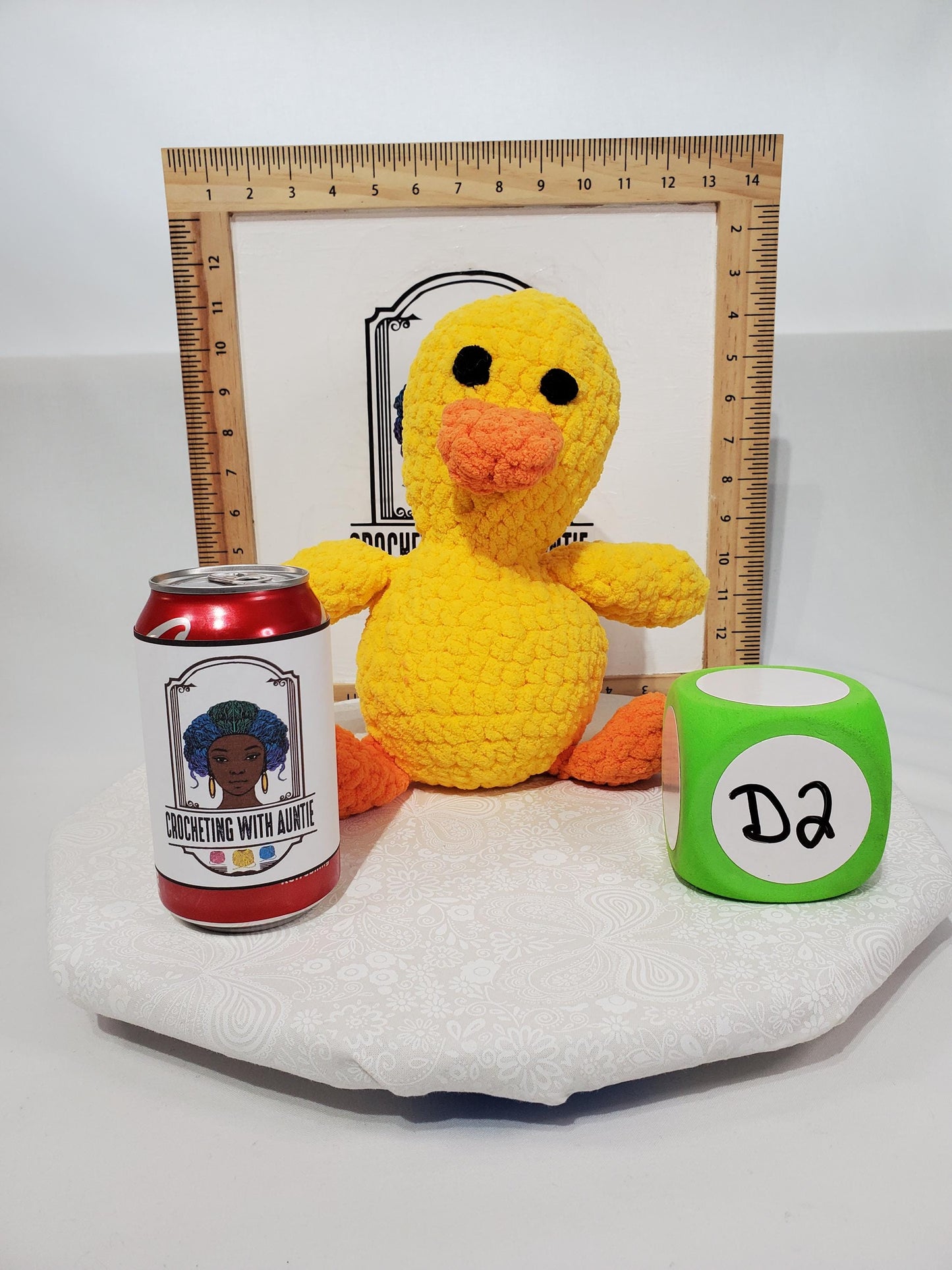 D2: Crochet duck stuffed animal, yellow, made with soft blanket yarn (100% Polyester) and safety eyes