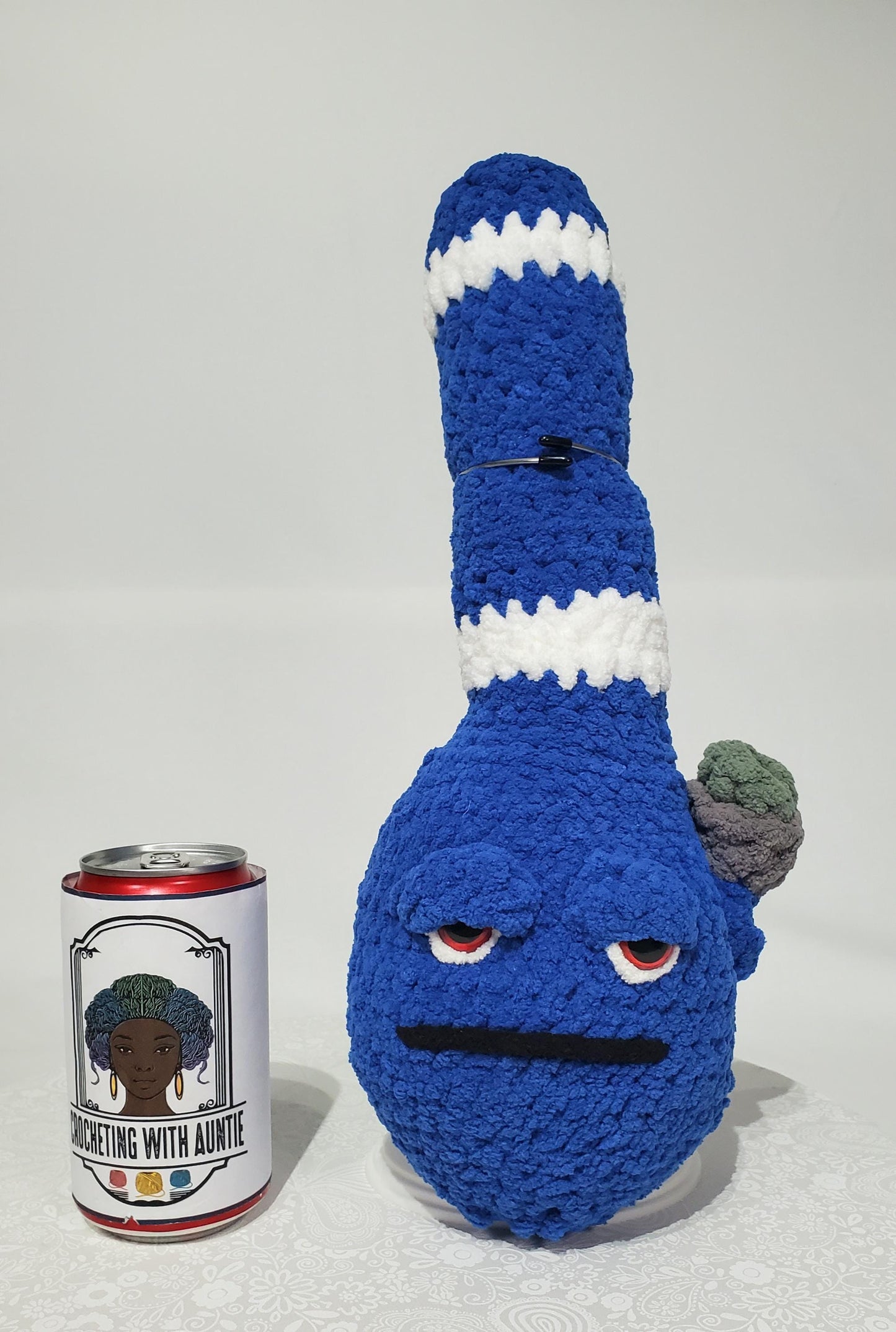 B9: Crochet Bong, Blue and white, made with 100% polyester, soft blanket yarn, approx. 14" x 5", 7 oz