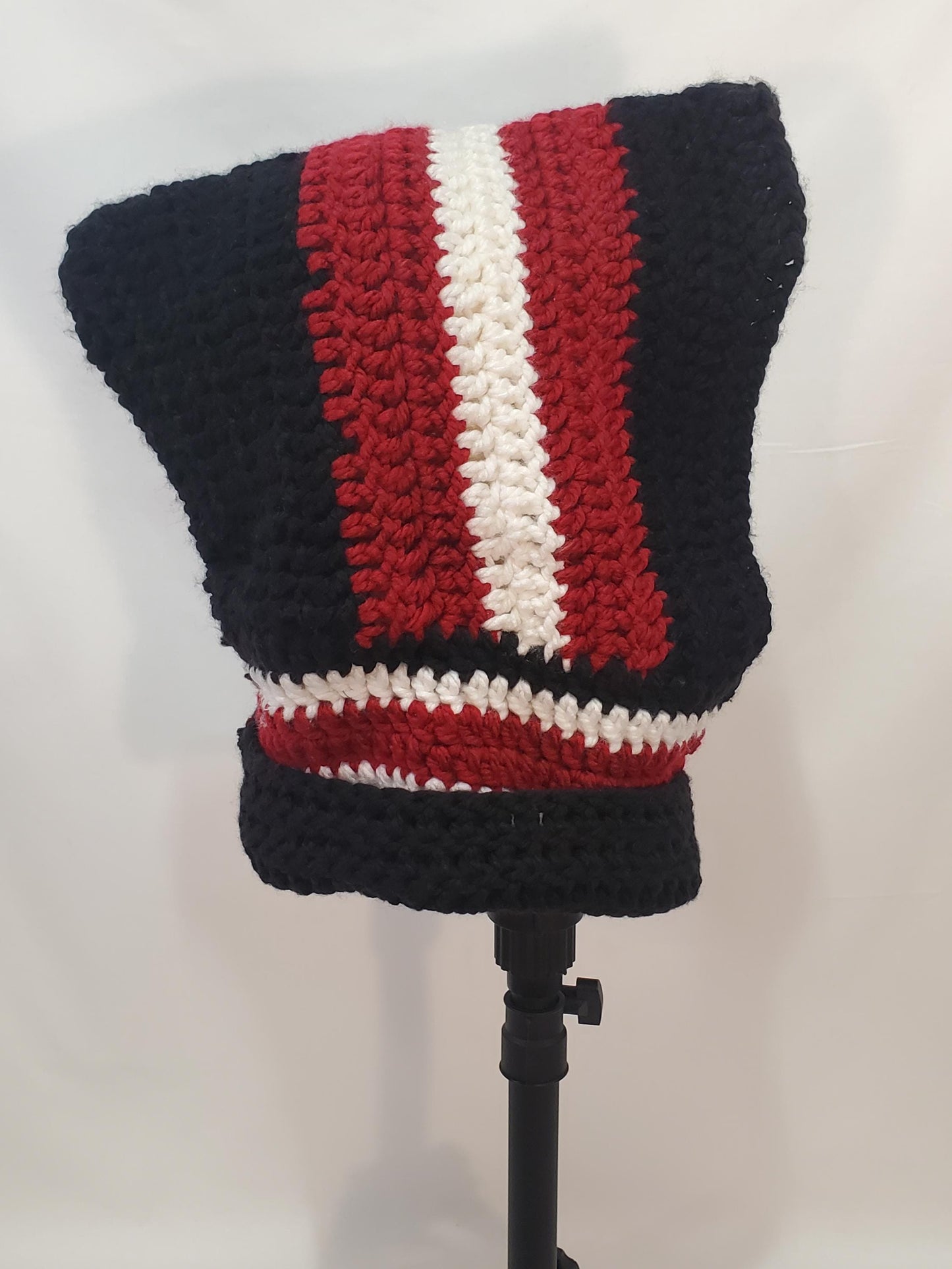 Item #58: Crochet Hood, Black, White And Maroon, Children's Size, Made With 100% Acrylic Chunky Yarn