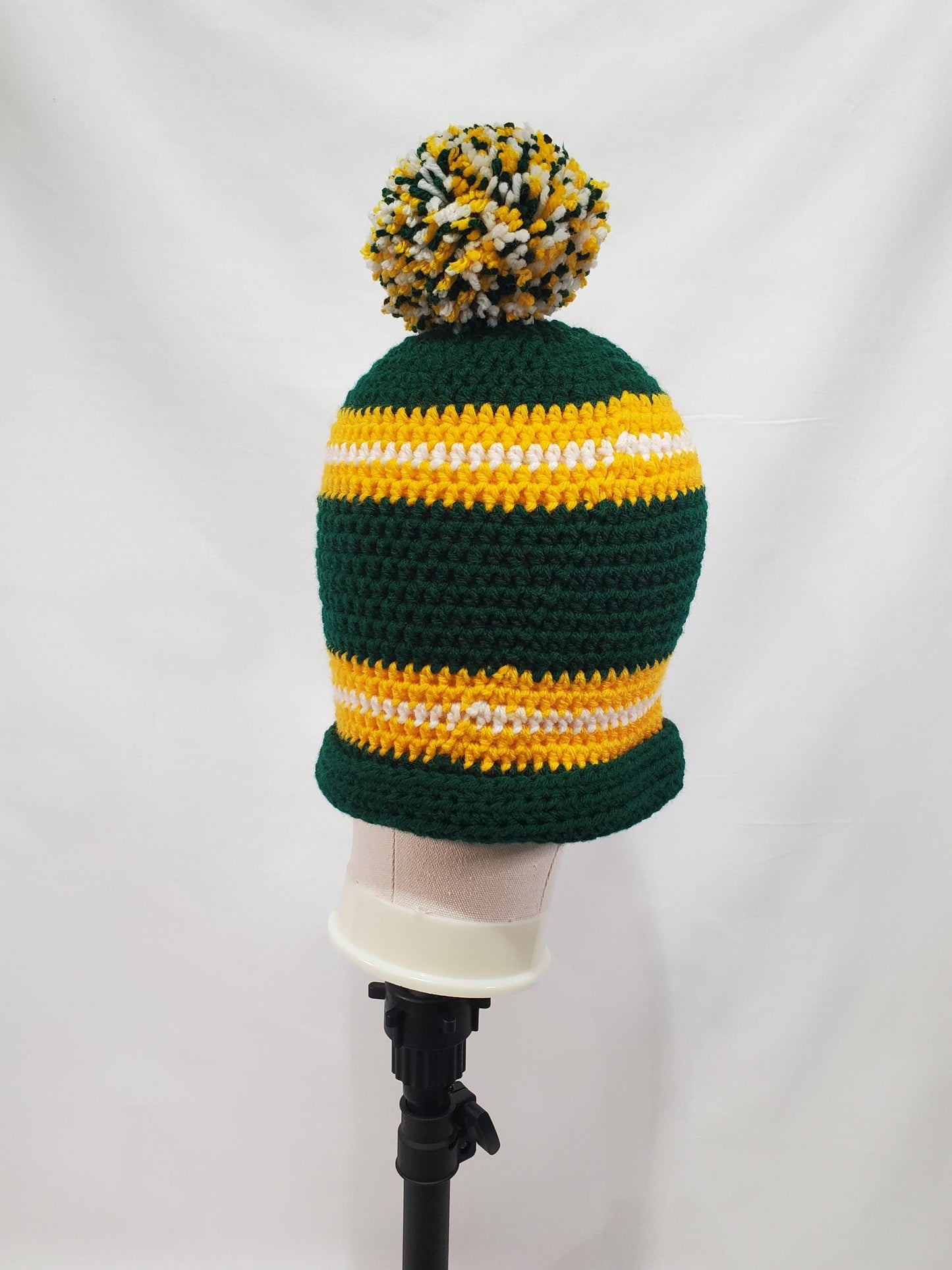 Item #29: Green Bay Packers Inspired Crochet Beanie With A Pom, Adult Size Medium, Made From 100% Of Acrylic yarn
