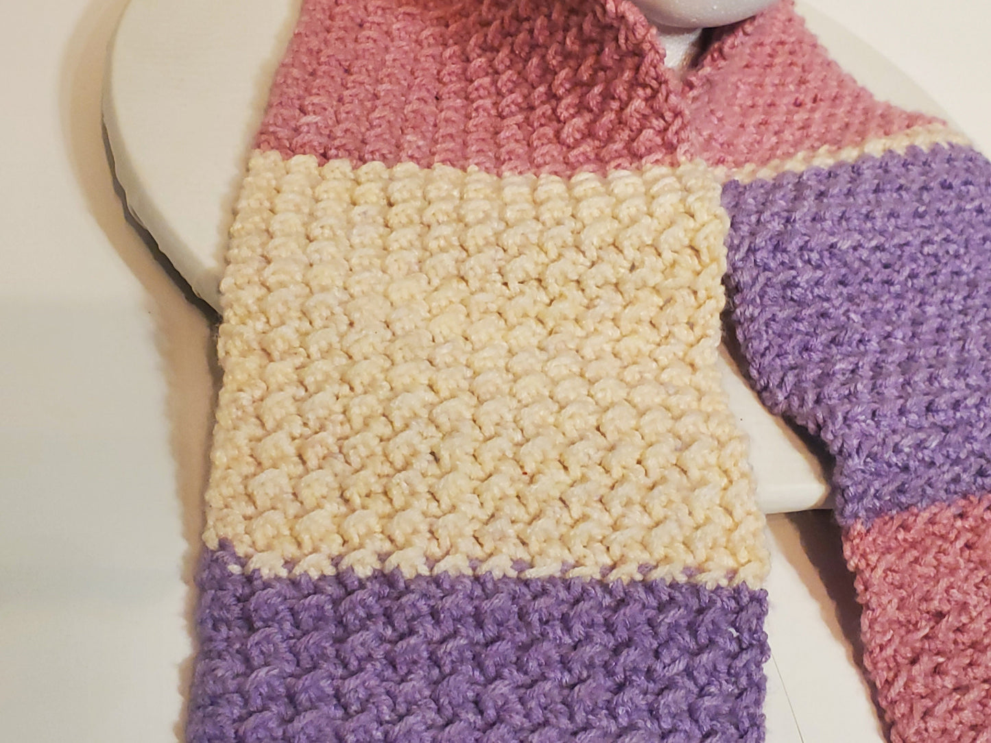 Crochet scarf, multi color, 4' long, 6 1/2 in wide, made with soft 100% acrylic yarn