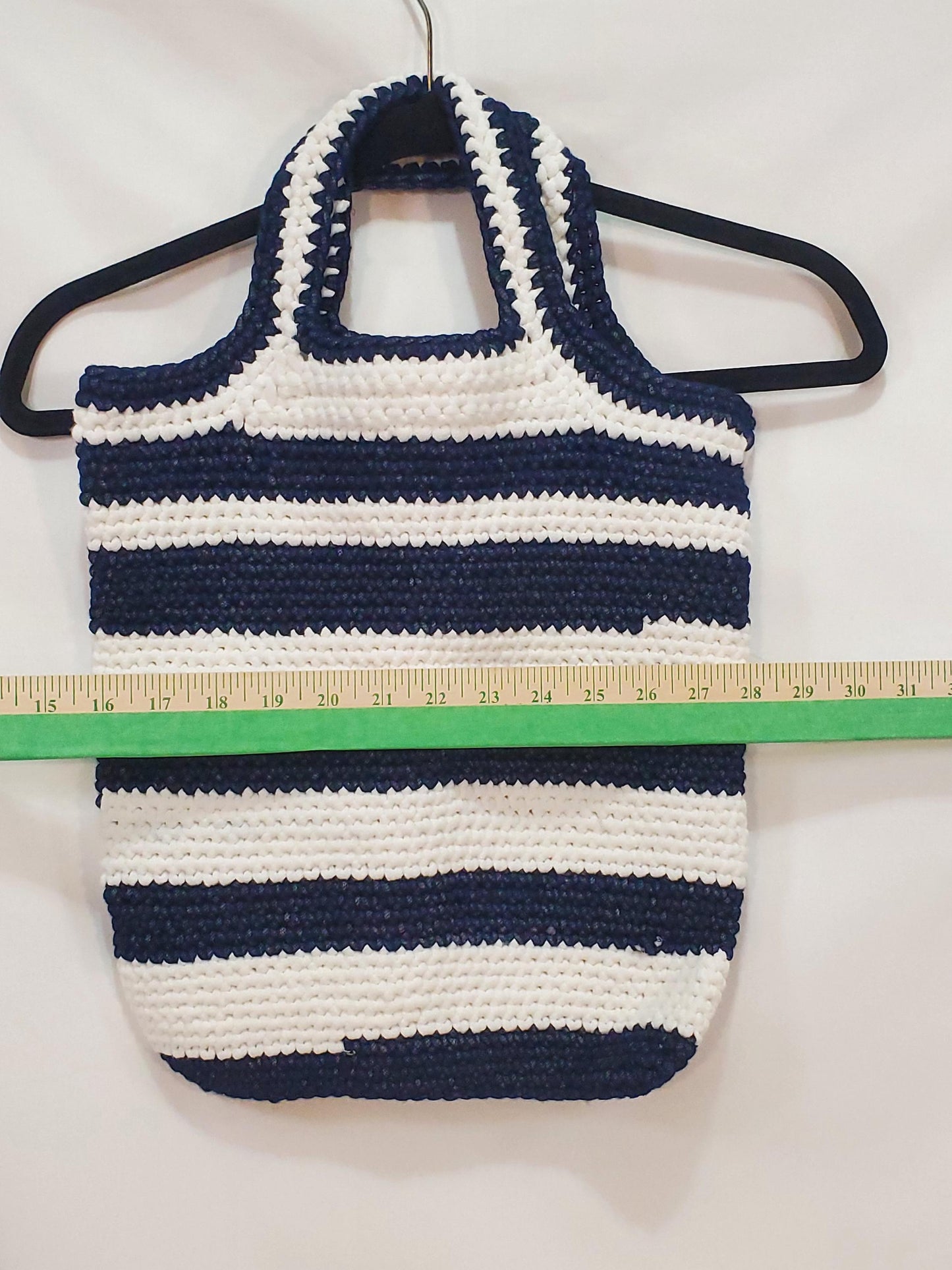 Item #53: Crochet tote, blue and white, 14" tall, 12 1/2" wide, Made with outdoor yarn - 68% acrylic/32 nylon