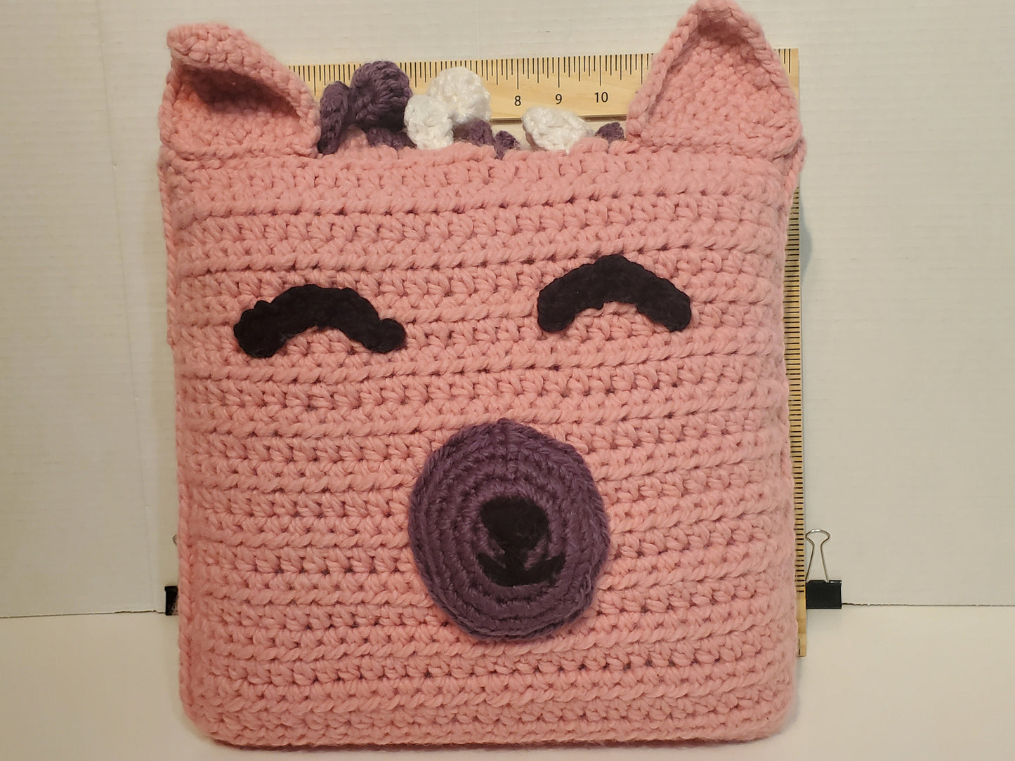 Pink animal pillow, approx 12"x12", made with chunky 100% Acrylic yarn