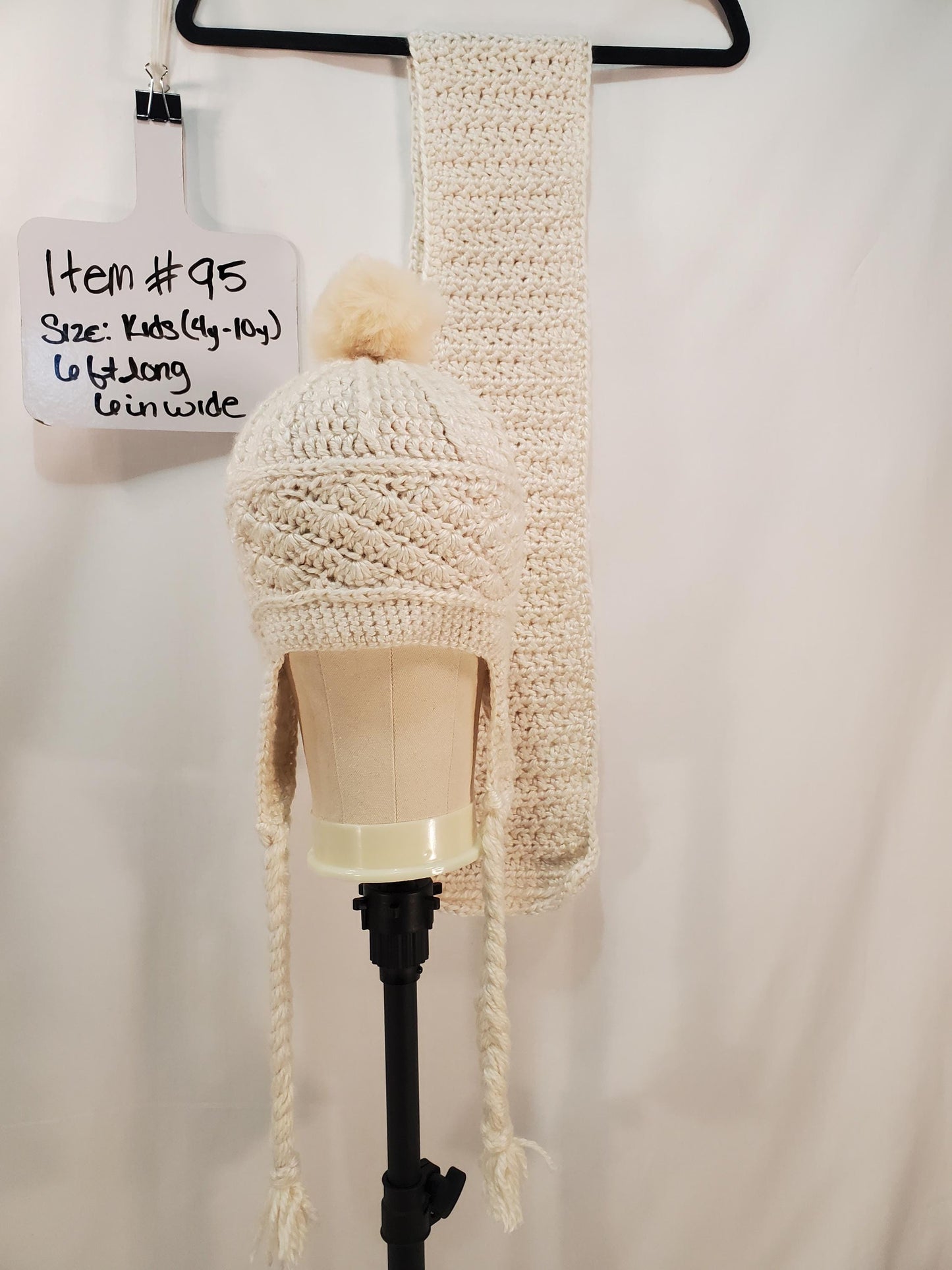 Item #95: Crochet And Scarf Set, Off White, Size Children (4y To 10y), 6' Long, 6" Wide, Made With Extra Soft 100% Acrylic Yarn