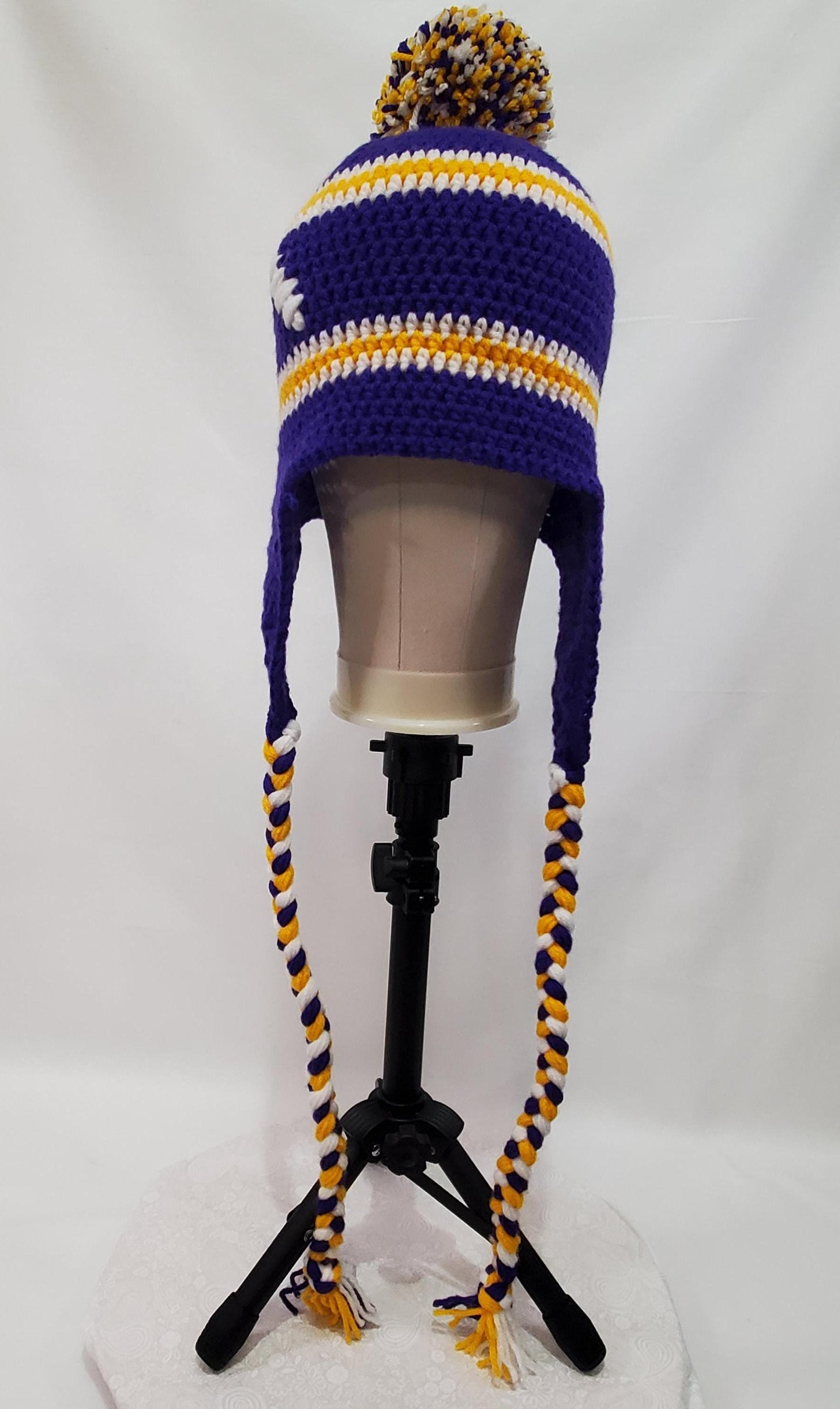 Item #26: MN Vikings Inspired Crochet Ear Flap Hat, Size - Adult Medium, Made From 100% Acrylic Yarn